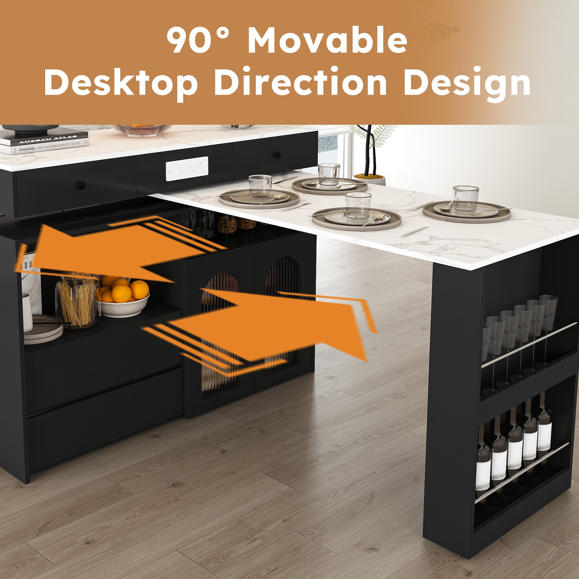 Retro Kitchen Island with Extendable Rotating Table, Black Marble Veneer on MDF, 4 Drawers & Glass Door Cabinets, Built-in Socket, Fits 2-4 People - Grand Goldman Shop