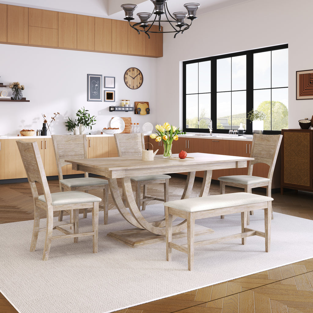 TOPMAX Modern Style Natural Wood 6-Piece Dining Table Set with Bench and Chairs, Upholstered Seats, Rubberwood Frame - Grand Goldman Shop