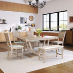 TOPMAX Modern Style Natural Wood 6-Piece Dining Table Set with Bench and Chairs, Upholstered Seats, Rubberwood Frame - Grand Goldman Shop