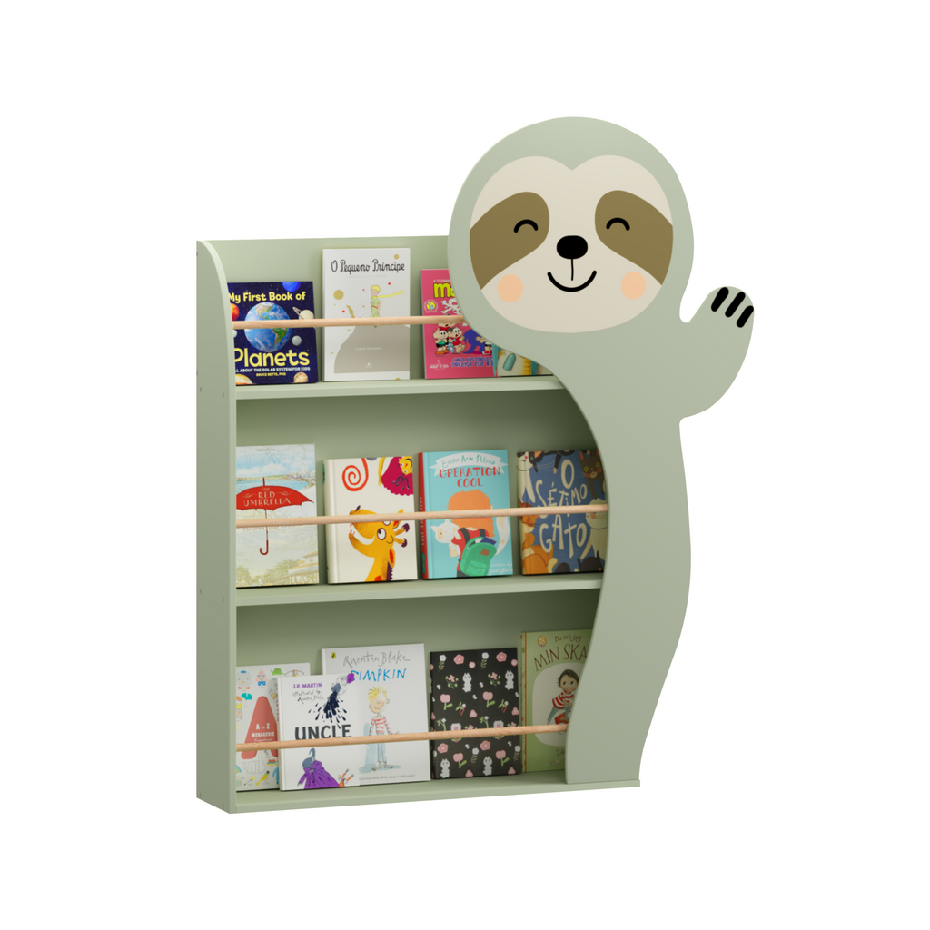 Sloth Kids Bookshelf, Front-Facing Toddler Book Display Rack with 3 Tiers, Cute Animal Design, Wooden Nursery Bookshelf for P