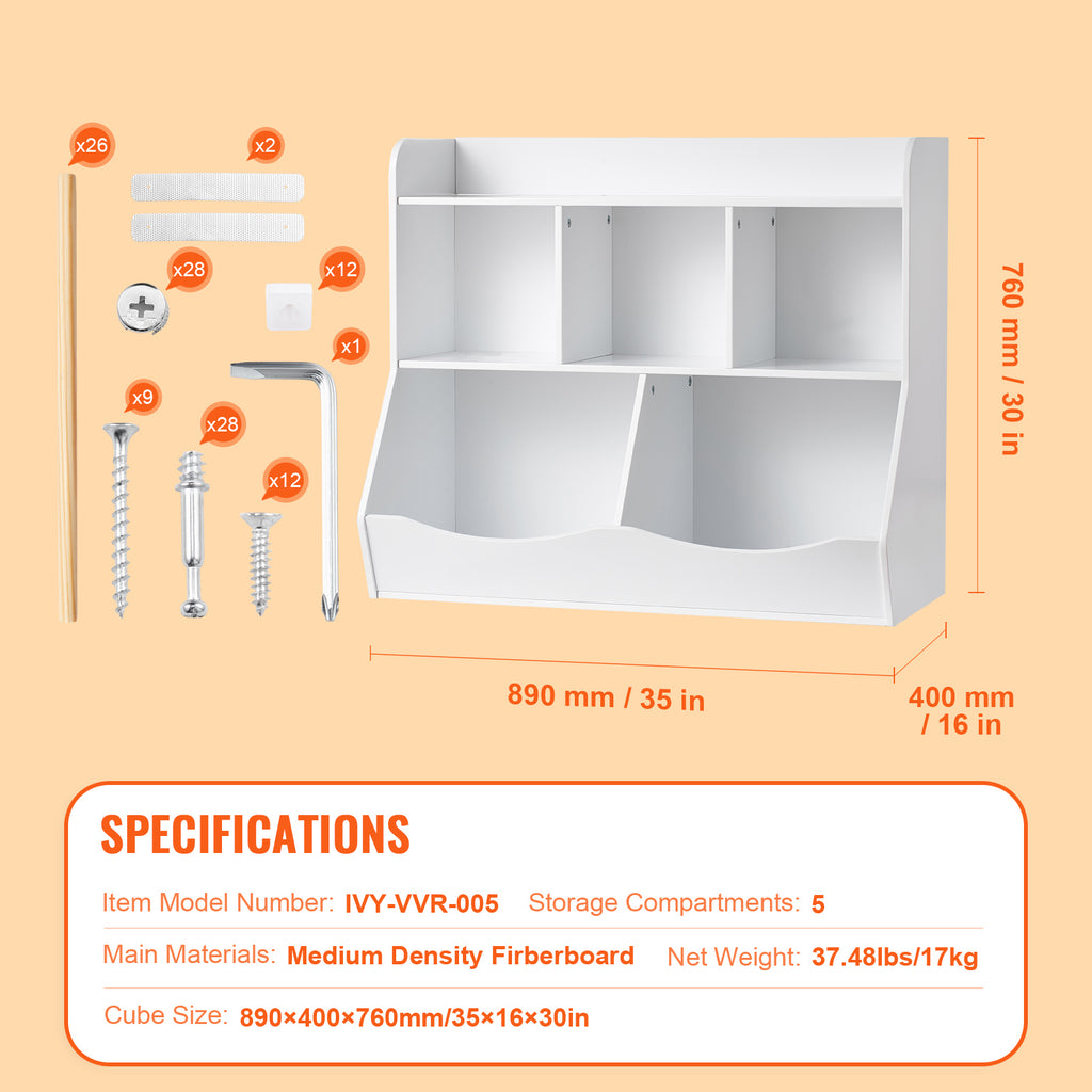 Wood Kid Storage Cubby, Toy Storage Organizer with Bookshelf, 5-Cubby Wood Toy Storage Cabinet, Children Book Toy Shelf for K