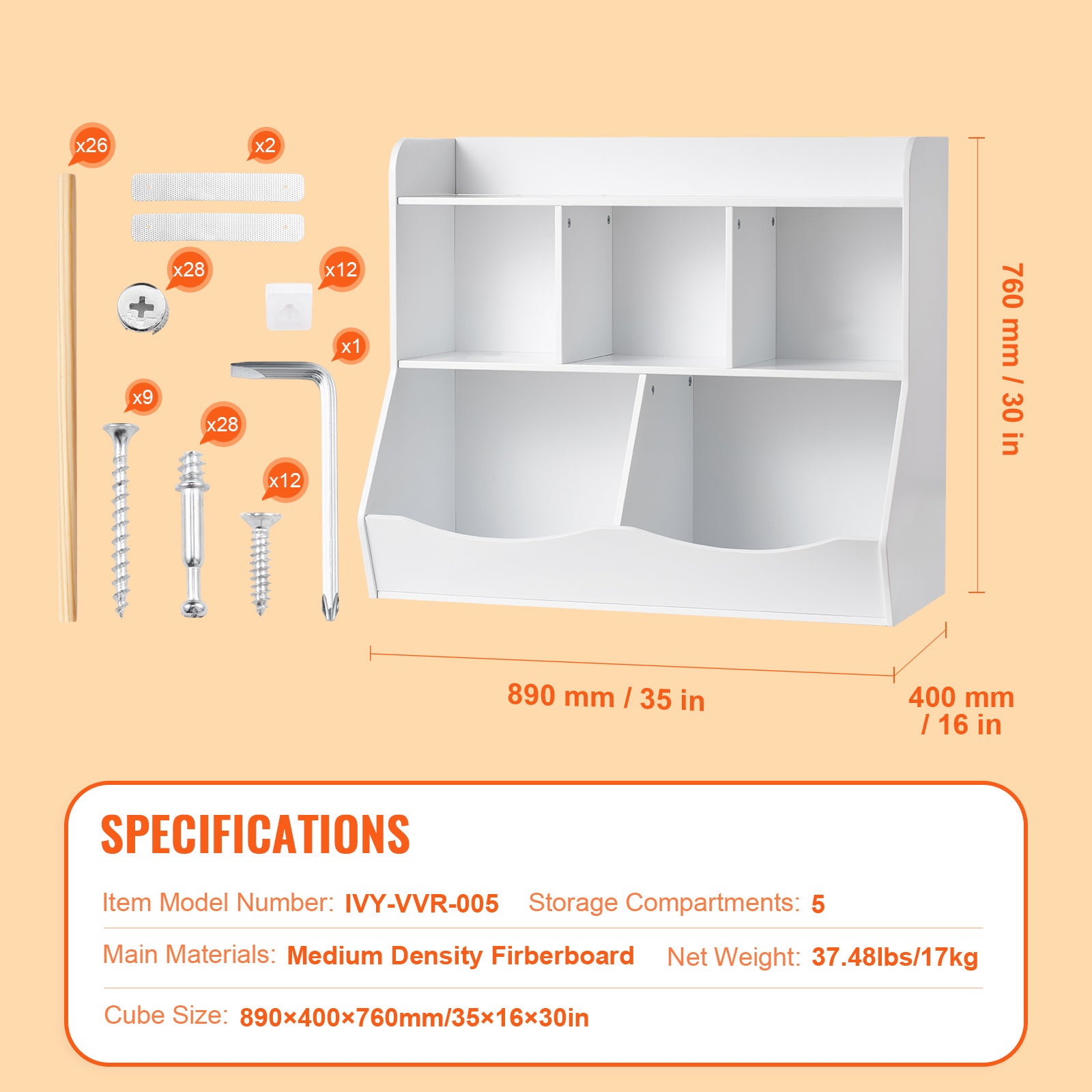 Wood Kid Storage Cubby, Toy Storage Organizer with Bookshelf, 5-Cubby Wood Toy Storage Cabinet, Children Book Toy Shelf for K