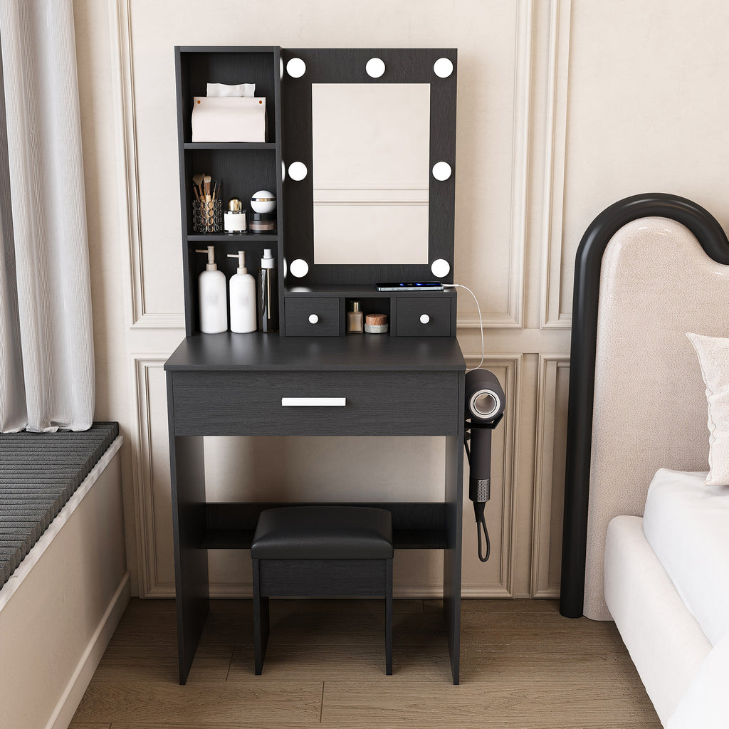 Black Vanity Table with Adjustable LED Mirror, Power Outlet, Hairdryer Holder & Matching Stool – Compact Dressing Desk for Small Bedrooms - Grand Goldman Shop