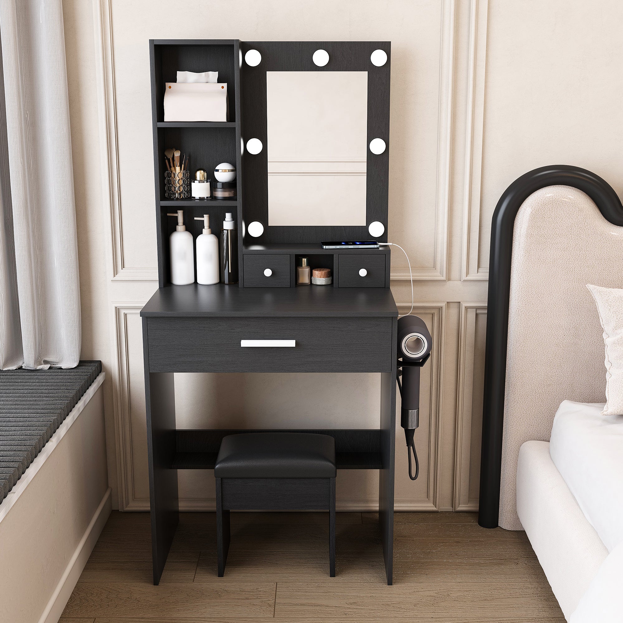 Black Vanity Table with Adjustable LED Mirror, Power Outlet, Hairdryer Holder & Matching Stool – Compact Dressing Desk for Small Bedrooms - Grand Goldman Shop