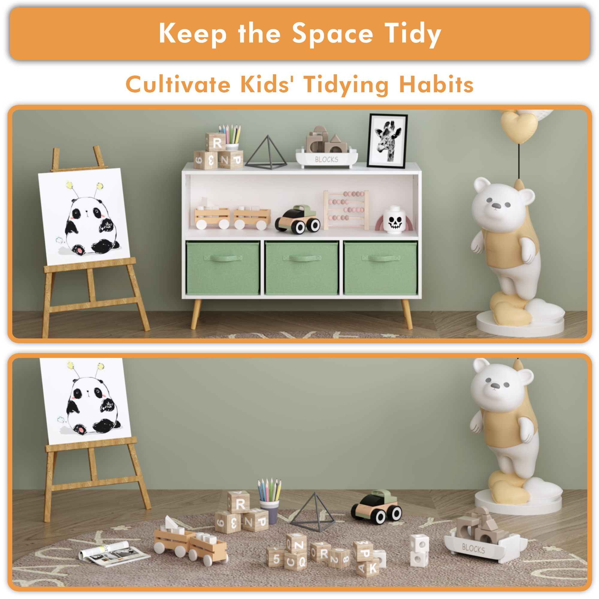 Kids bookcase with Collapsible Fabric Drawers, Children's Book Display, Toy Storage Cabinet Organizer, White/Green | Premium 