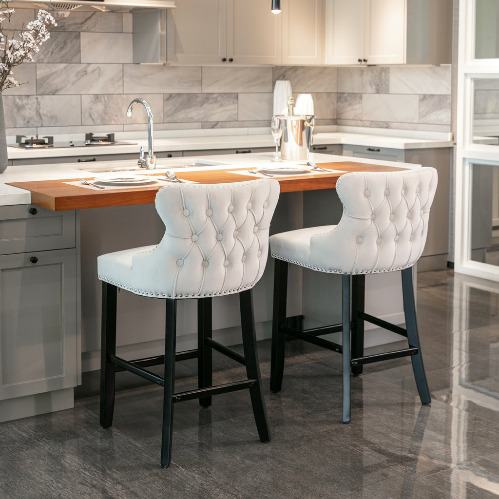 A&A Furniture,Contemporary Velvet Upholstered Wing-Back Barstools with Button Tufted Decoration and Wooden Legs, and Chrome Nailhead Trim, Leisure Style Bar Chairs,Bar stools, Set of 2 (Beige),SW1824B - Grand Goldman Shop