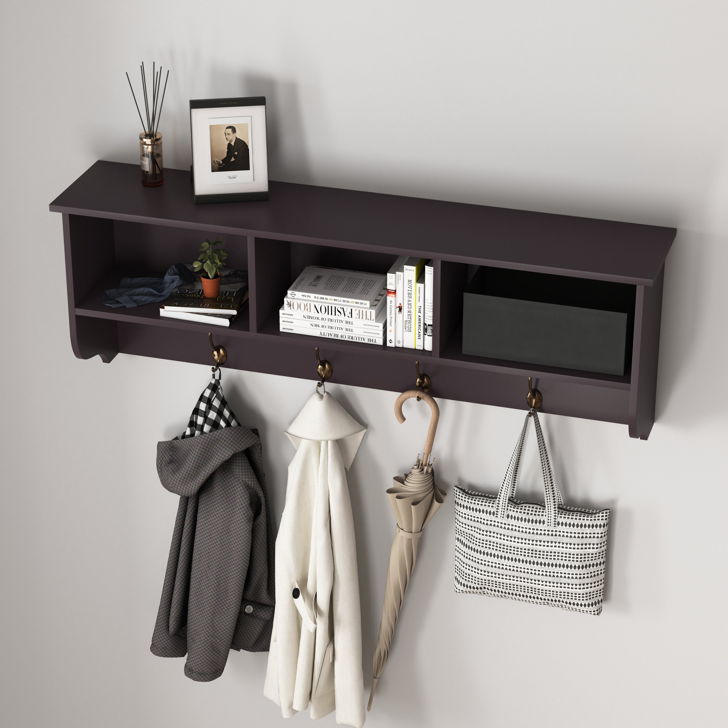 Espresso Entryway Wall Mounted Coat Rack with 4 Dual Hooks Living Room Wooden Storage Shelf - Grand Goldman Shop