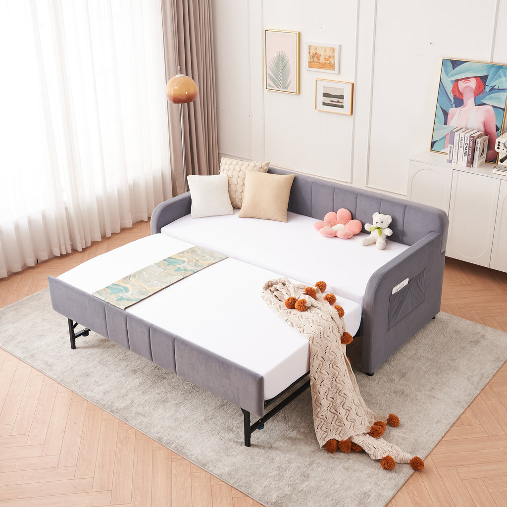 Twin Upholstered Daybed Frame with Trundle, Twin Size Sofa Bed for Bedroom Living Room Guest Room, Wood Slat Support,Grey - Grand Goldman Shop