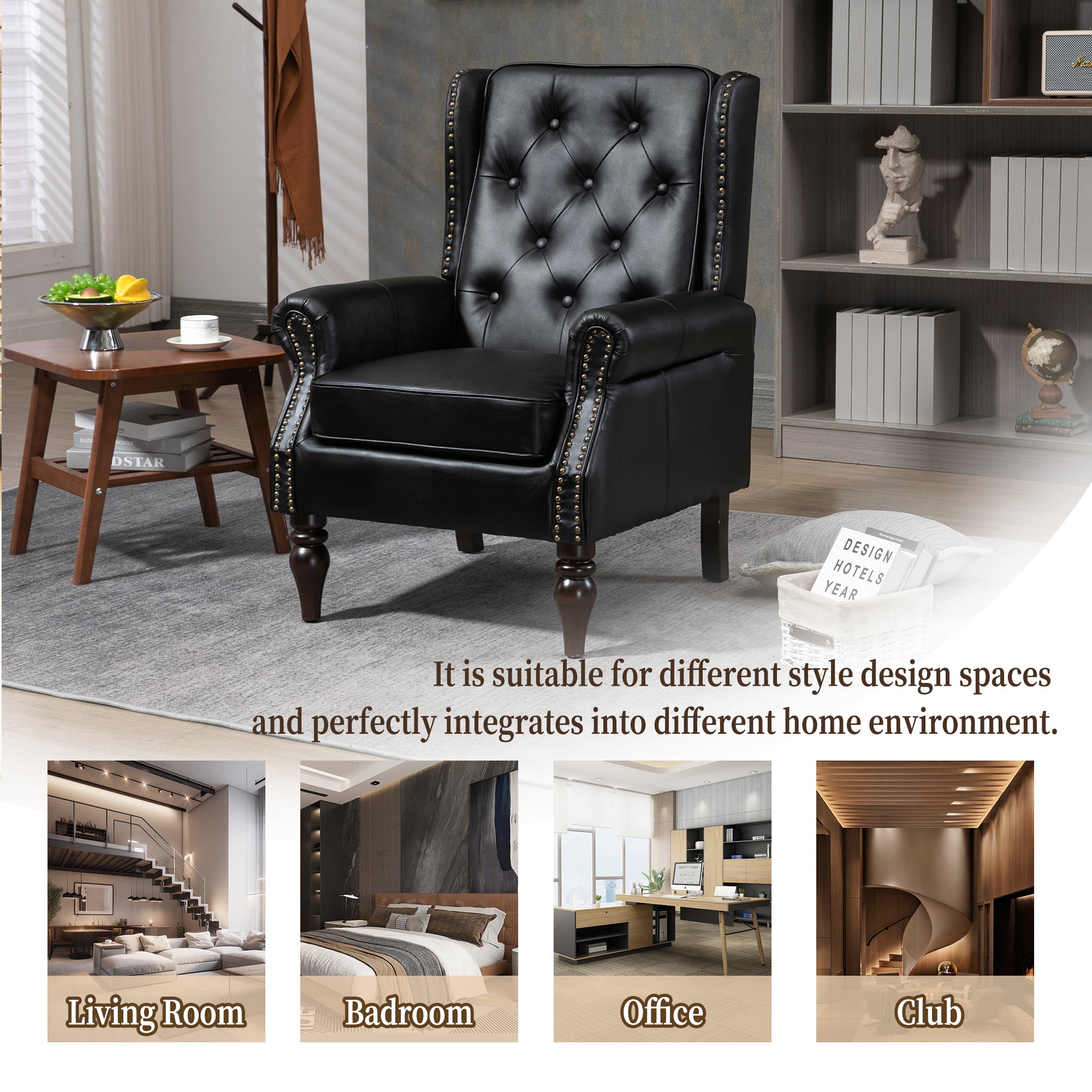 Modern Accent Armchair with Sturdy Wood Legs in Black PU Leather for Living Room or Bedroom - Grand Goldman Shop
