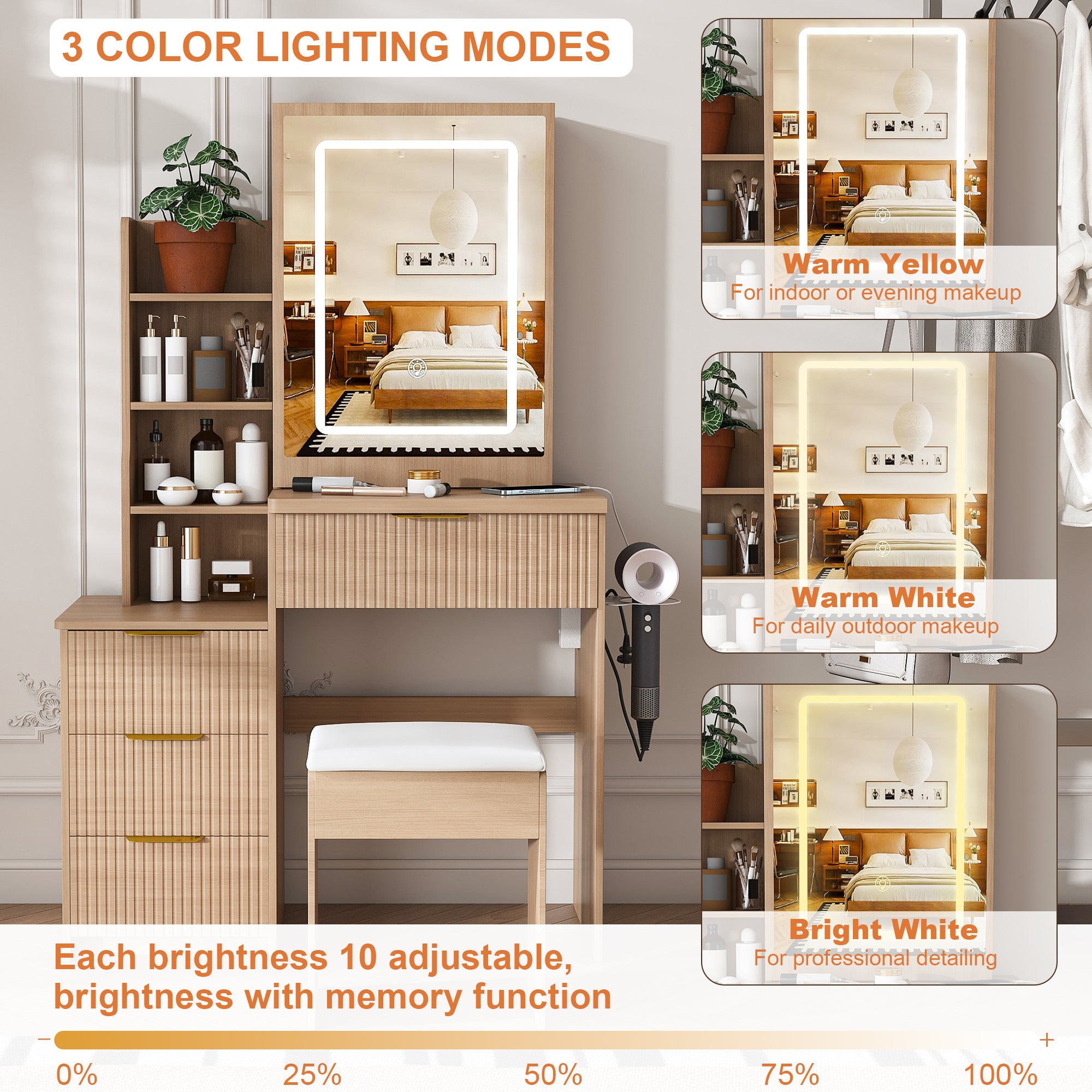 Modern Vanity Desk with 3 LED Lighting Modes, 4 Drawers, Hair Dryer Holder, Power Socket, and Dressing Chair in Walnut Finish, Made of MDF - Grand Goldman Shop