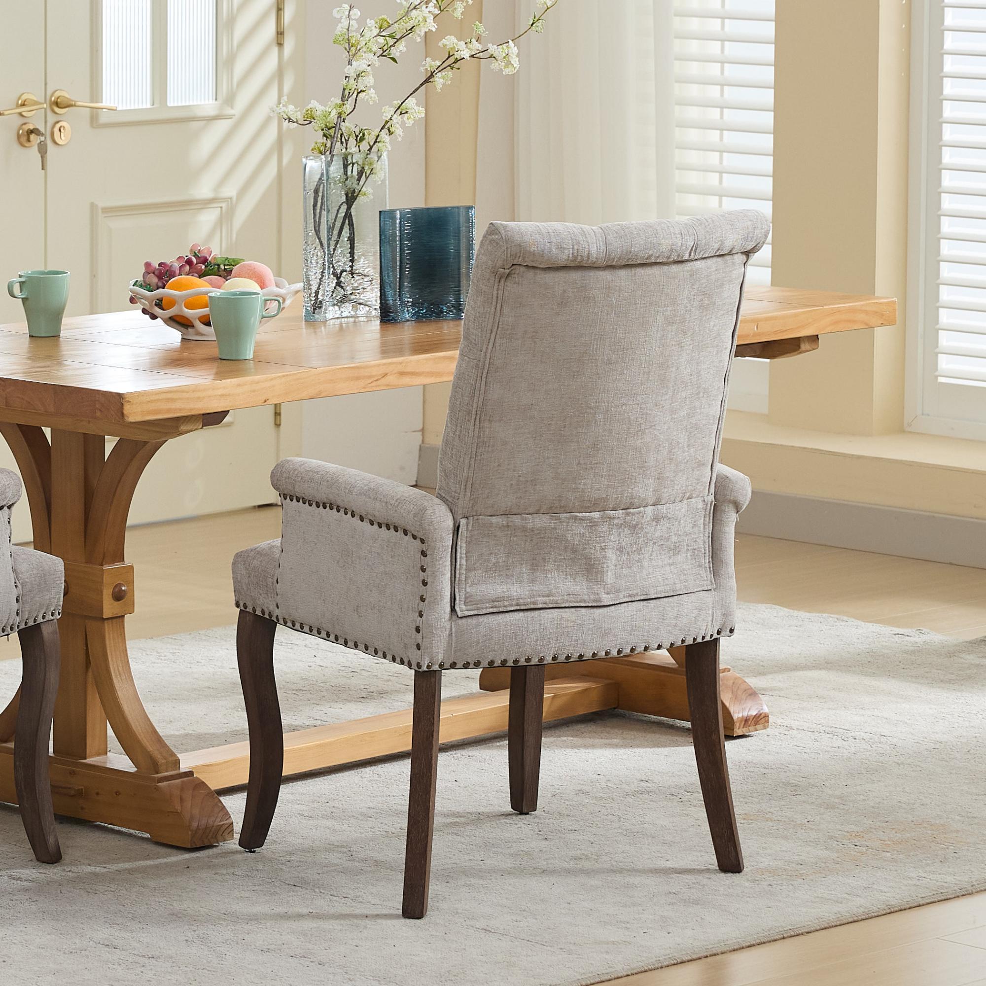 Upholstered Chenille Fabric Accent Dining Chair, Curved Solid Wood Legs, Elegant Tufted Club Dining Room Kitchen Room Arm Dining Chair, Single Pack,Beige,SW1895BG - Grand Goldman Shop