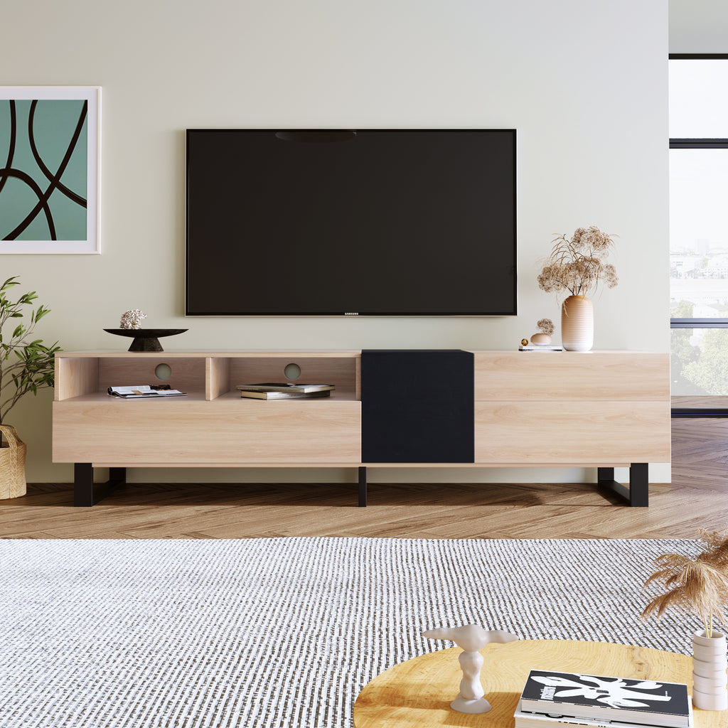 Modern TV Stand for 80'' TV with Double Storage Space, Media Console Table in Natural Wood Finish, Particle Board Construction, 70.9'' L x 15'' W x 19.7'' H - Grand Goldman Shop