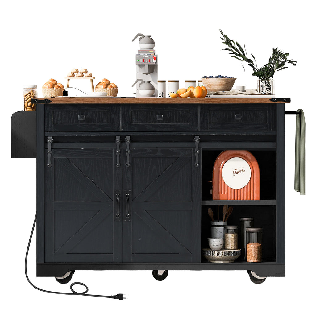 K&K 53.7' Farmhouse Kitchen Island with Power Outlet, 2 Sliding Barn Door Kitchen Storage Island with Drop Leaf, Spice Rack Rolling Kitchen Cart on Wheels, for Home, Kitchen and Dining Room, Black - Grand Goldman Shop