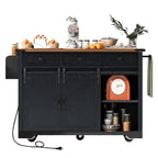 K&K 53.7' Farmhouse Kitchen Island with Power Outlet, 2 Sliding Barn Door Kitchen Storage Island with Drop Leaf, Spice Rack Rolling Kitchen Cart on Wheels, for Home, Kitchen and Dining Room, Black - Grand Goldman Shop