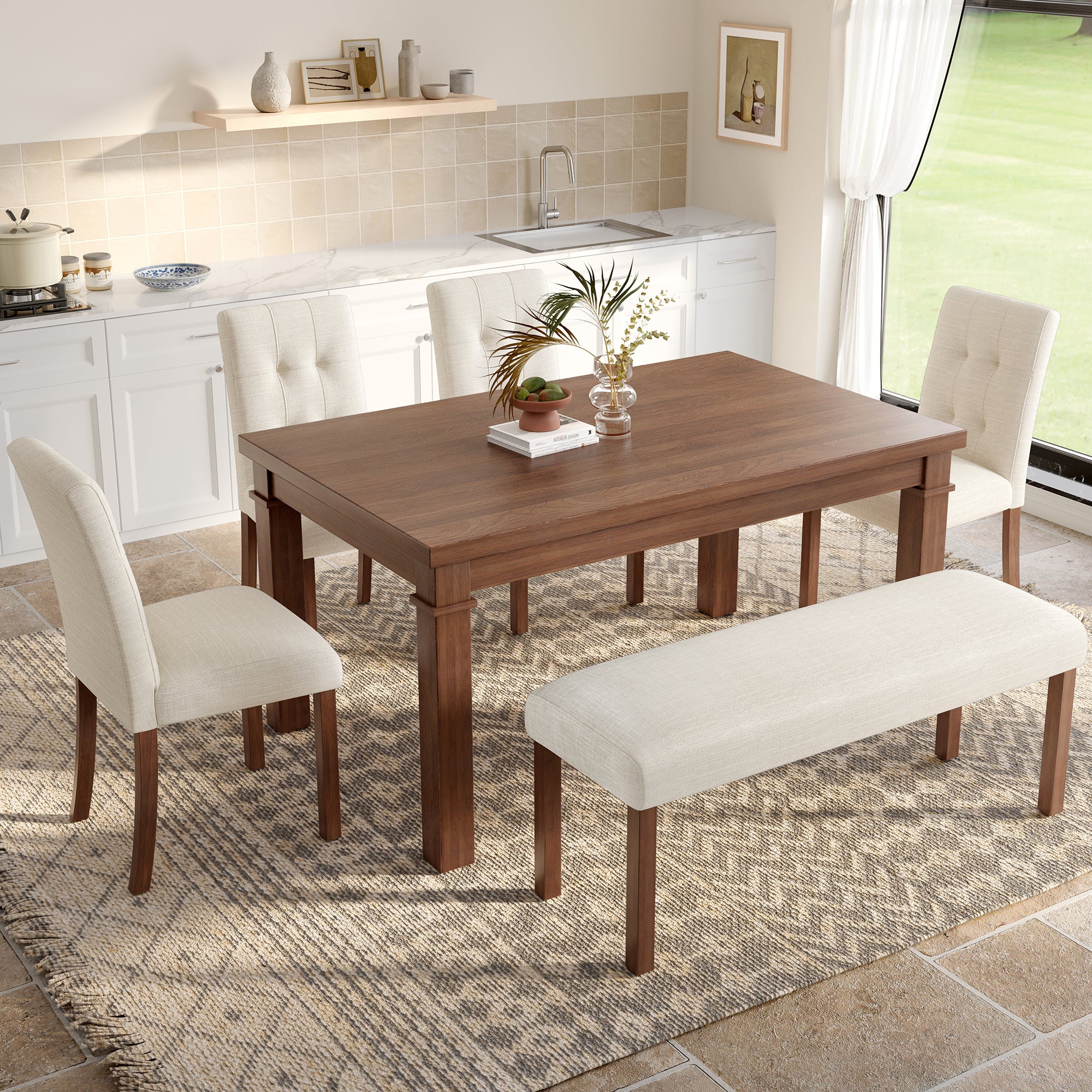 6-Piece Modern Dining Set, Rectangle Kitchen Table with 4 Upholstered Chairs & Bench, Ideal for Dining Room and Living Room, (Easy Assembly, Space Saving) - Grand Goldman Shop