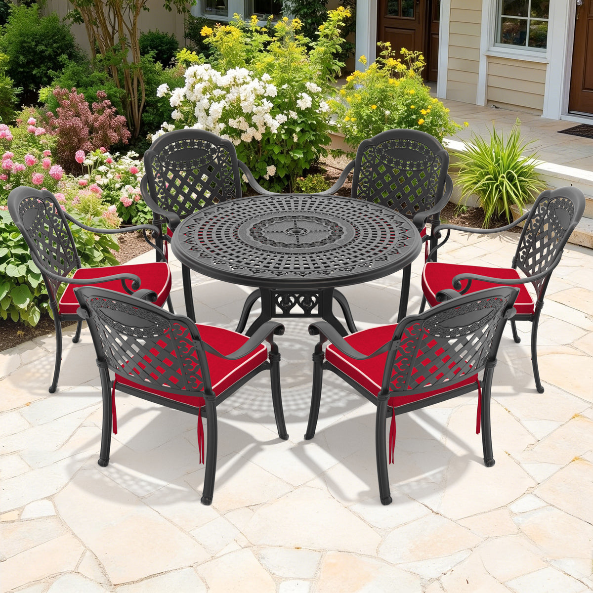7-Piece Set Of Cast Aluminum Patio Furniture With Black Frame and Red Seat Cushions