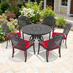 7-Piece Set Of Cast Aluminum Patio Furniture With Black Frame and Red Seat Cushions
