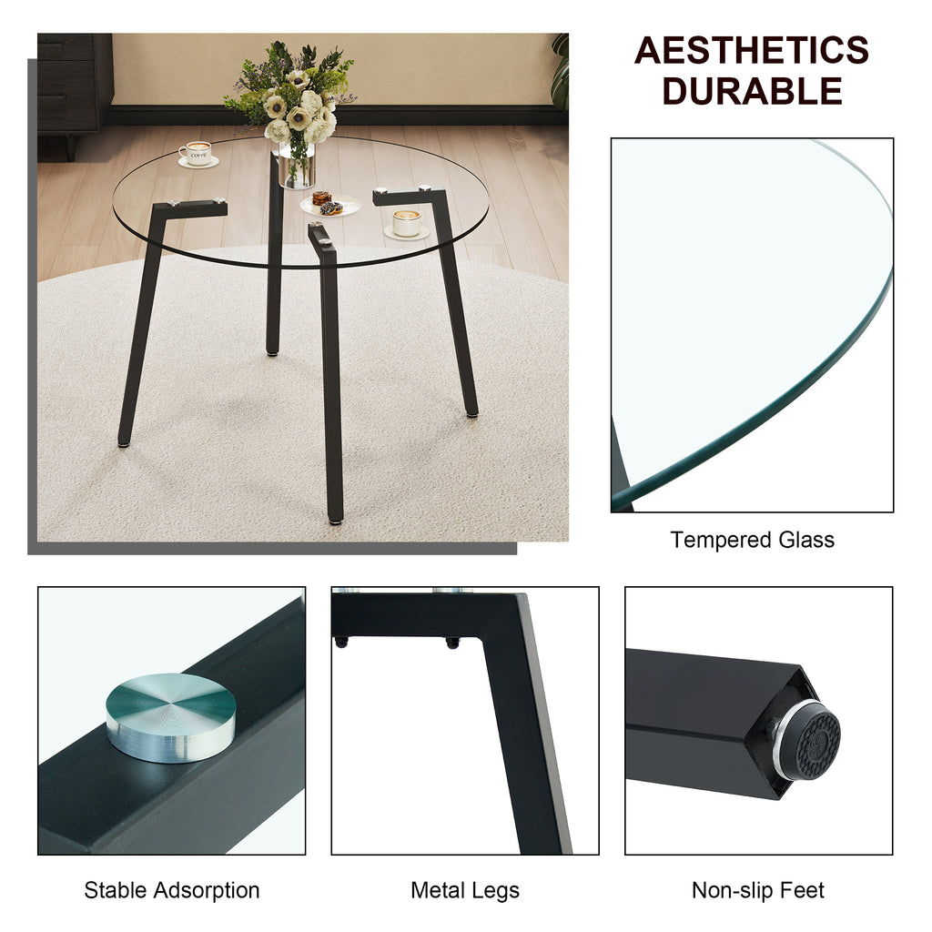 Modern simple style round transparent tempered glass table, tempered glass table top, black metal legs, suitable for kitchen, dining room and living room, 42 '*42' *29.5 '1123r - Grand Goldman Shop