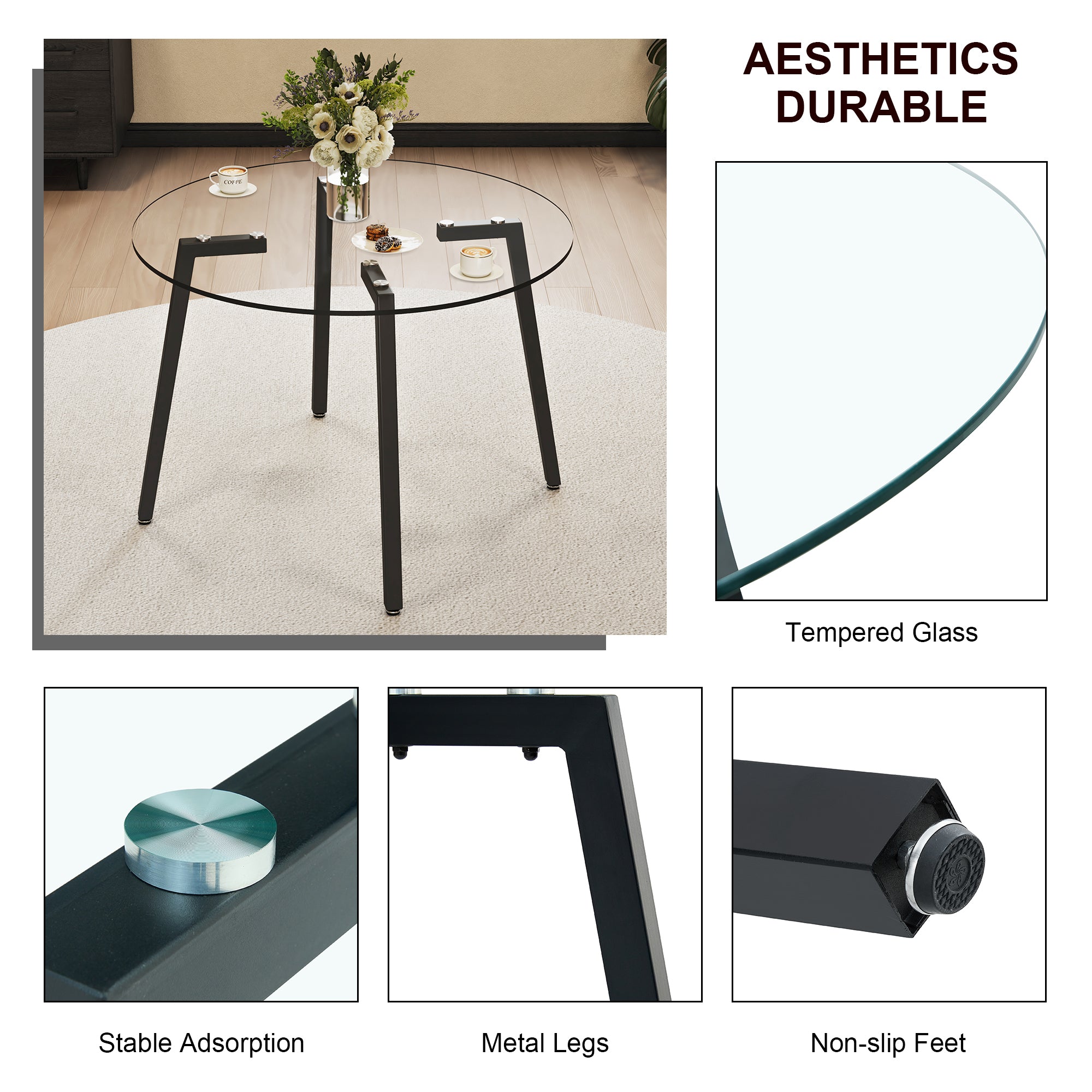 Modern simple style round transparent tempered glass table, tempered glass table top, black metal legs, suitable for kitchen, dining room and living room, 42 '*42' *29.5 '1123r - Grand Goldman Shop