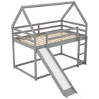 Gray House-Shape Twin Over Twin Bunk Bed with Slide and Ladder, Pine Wood and MDF, 77.4''L x 41.7''W x 70.9''H - Grand Goldman Shop