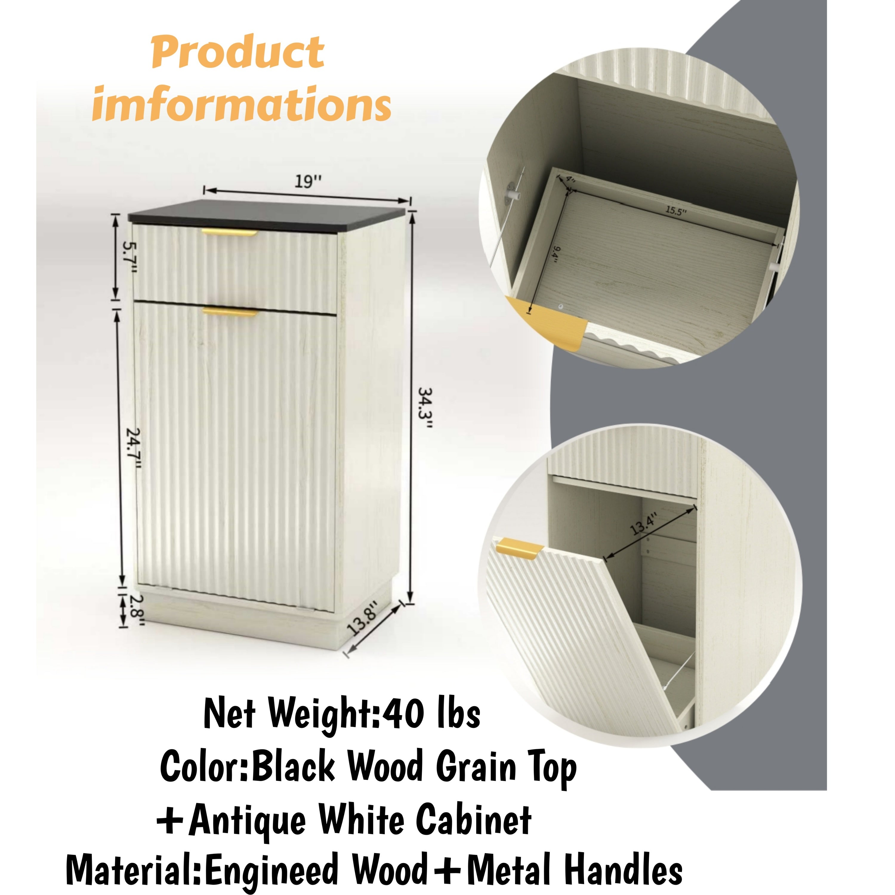 10-Gallon Woodgrain Tilt-Out Trash Can Cabinet Wooden Garbage Recycling Cabinet with Wave-Textured Hideaway Drawer&Pull-Out Bin-Multipurpose Kitchen/Bath Organizer in Antique White Finish - Grand Goldman Shop