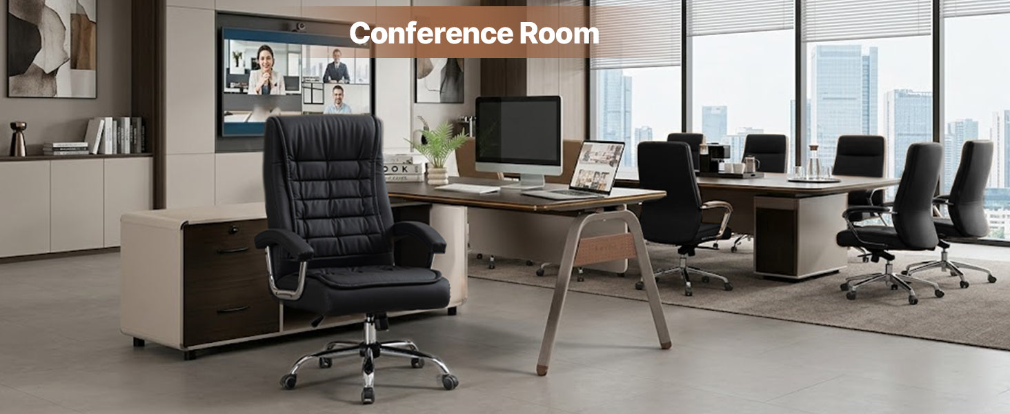 Executive Office Chair High Back PU Leather Desk Chair with Spring Seat Cushion, Ergonomic Swivel Computer Chair with Chrome 