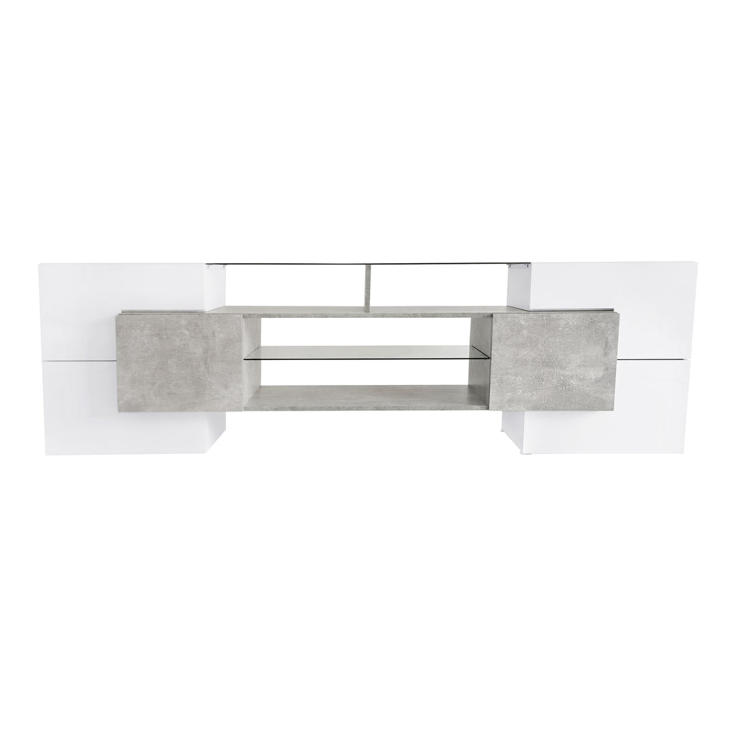 ON-TREND Unique Shape TV Stand with 2 Illuminated Glass Shelves, High Gloss Entertainment Center for TVs Up to 88', Versatile TV Cabinet with LED Color Changing Lights for Living Room, Grey - Grand Goldman Shop