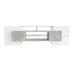 ON-TREND Unique Shape TV Stand with 2 Illuminated Glass Shelves, High Gloss Entertainment Center for TVs Up to 88', Versatile TV Cabinet with LED Color Changing Lights for Living Room, Grey - Grand Goldman Shop