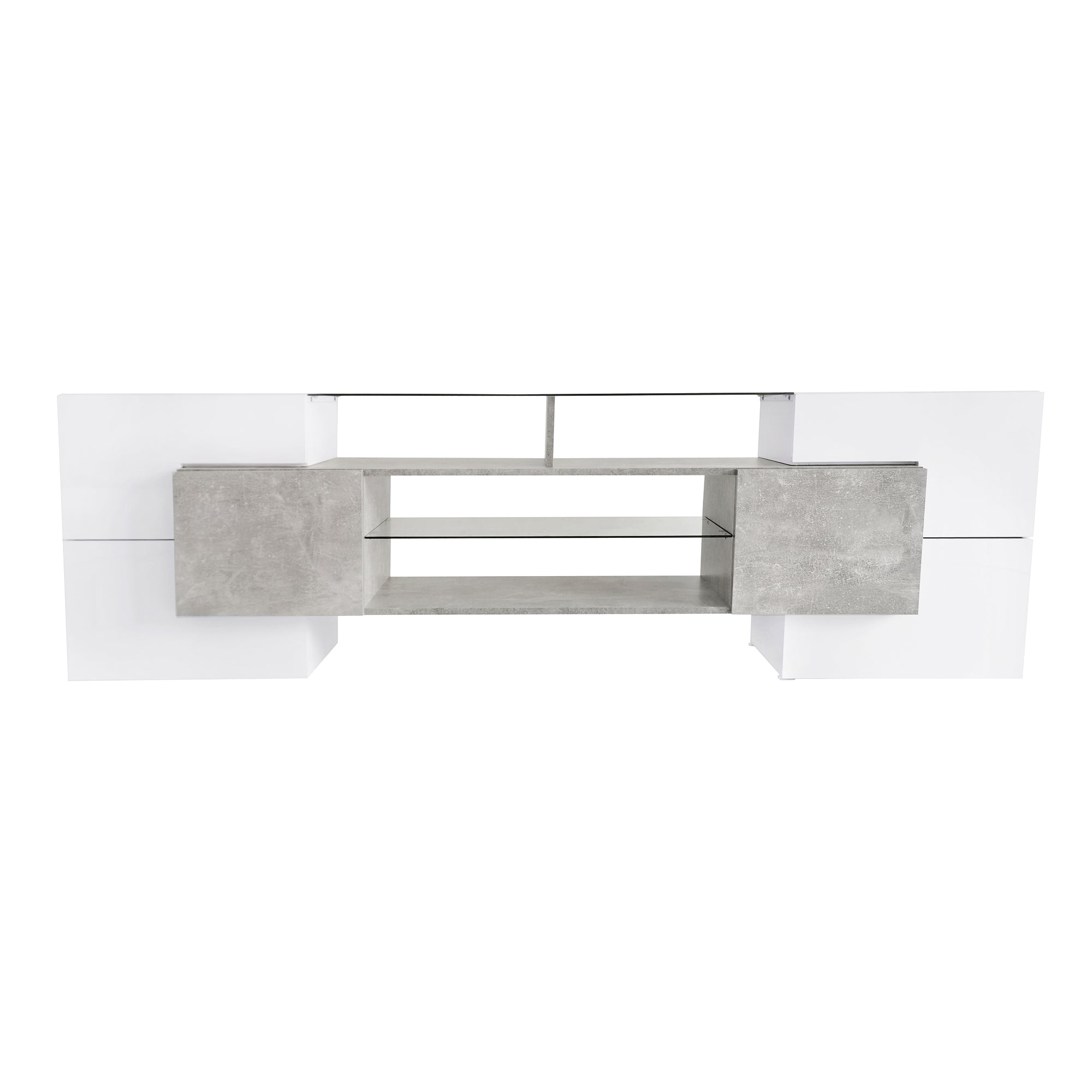 ON-TREND Unique Shape TV Stand with 2 Illuminated Glass Shelves, High Gloss Entertainment Center for TVs Up to 88', Versatile TV Cabinet with LED Color Changing Lights for Living Room, Grey - Grand Goldman Shop
