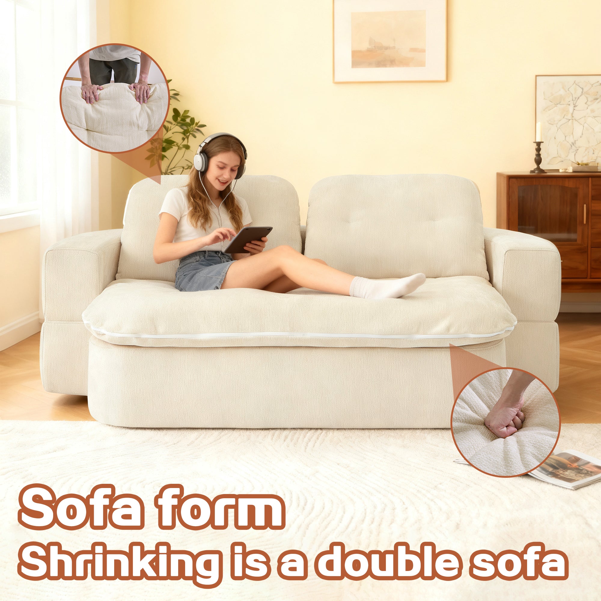Modern Floor Sofa with 2 Pillows,Convertible Chenille Fabric Foam-Filled Sleeper Sofa Bed, no assembly required,Convertible Sofa Cushion Unfolds into Quilt,Folding Mattress for Living Room,Playroom - Grand Goldman Shop