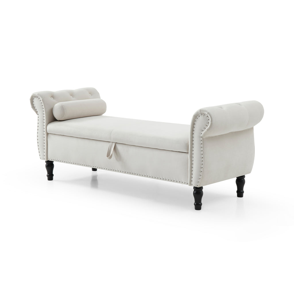Aijia 63' Velvet Multifunctional Storage Rectangular Sofa Stool Buttons Tufted Nailhead Trimmed Solid Wood Legs with 1 Pillow,Beige - Grand Goldman Shop