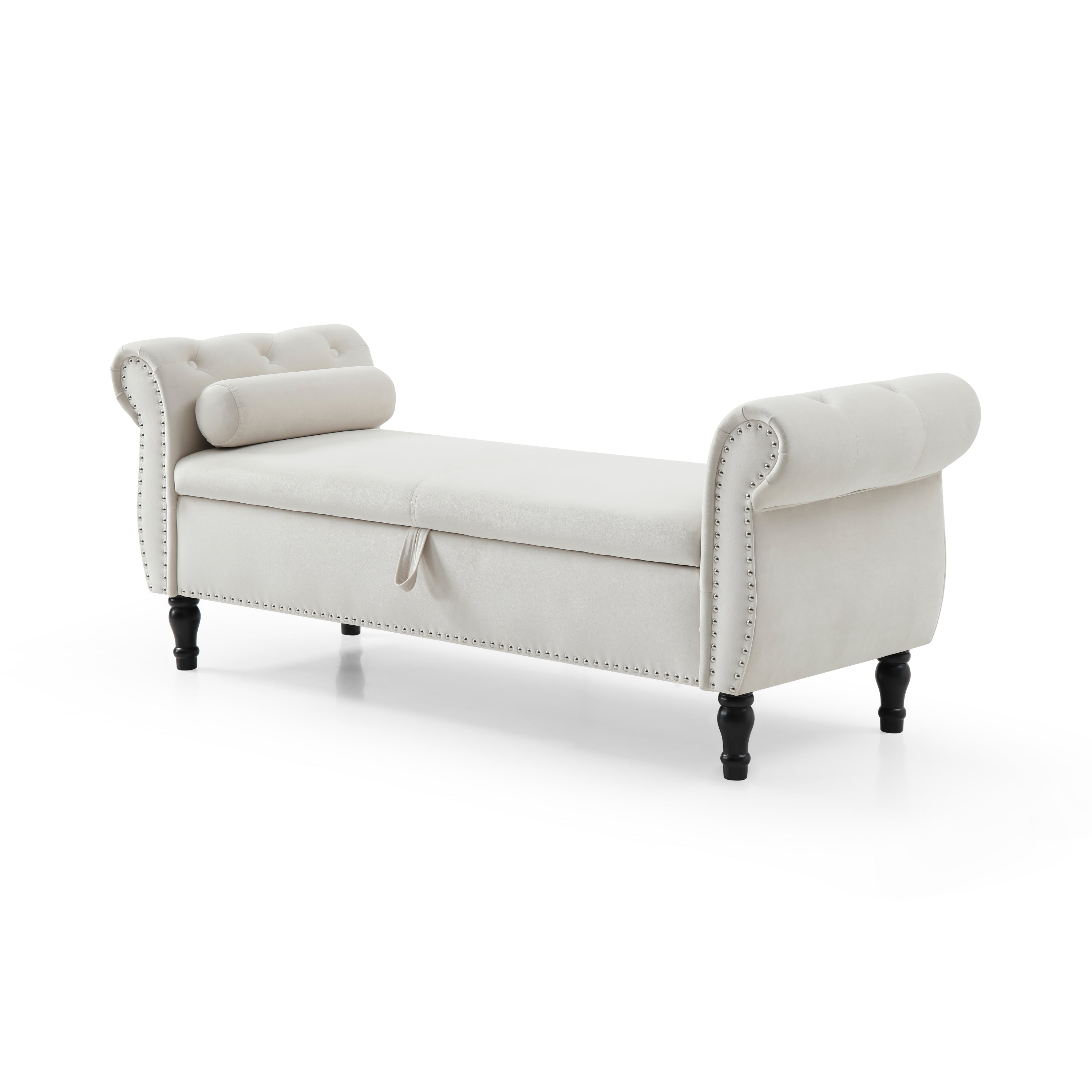 Aijia 63' Velvet Multifunctional Storage Rectangular Sofa Stool Buttons Tufted Nailhead Trimmed Solid Wood Legs with 1 Pillow,Beige - Grand Goldman Shop