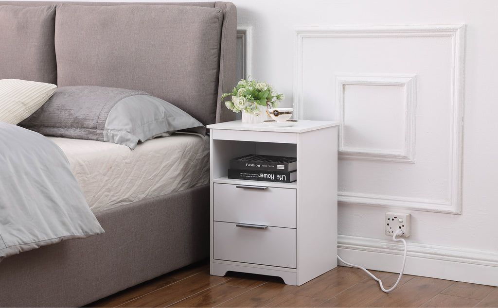 Nightstand with Charging Station,End Table with 2 Drawers,Wooden End Table with Drawer and Opening Shelf,Side Table for Bedroom, White - Grand Goldman Shop