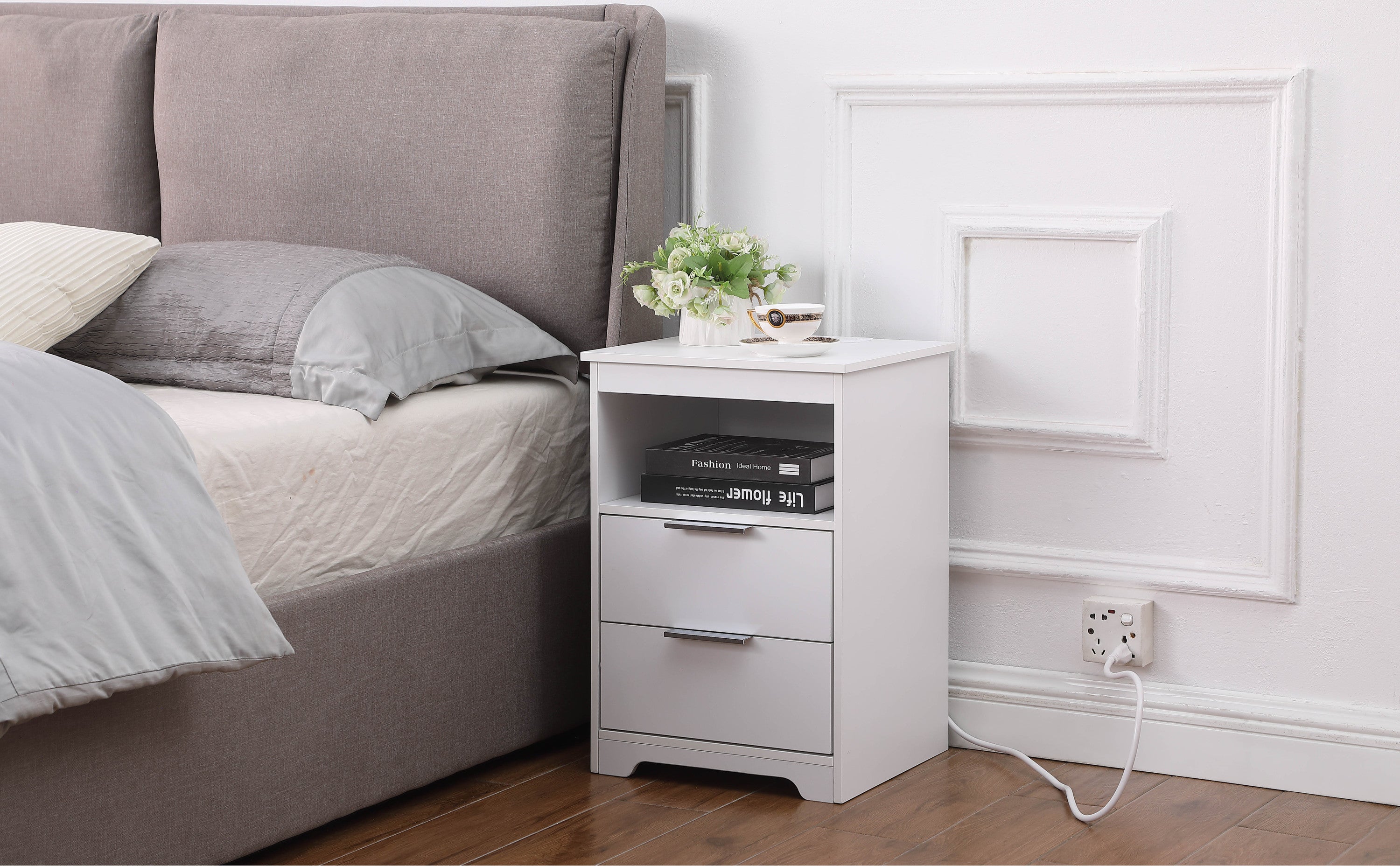 Nightstand with Charging Station,End Table with 2 Drawers,Wooden End Table with Drawer and Opening Shelf,Side Table for Bedroom, White - Grand Goldman Shop