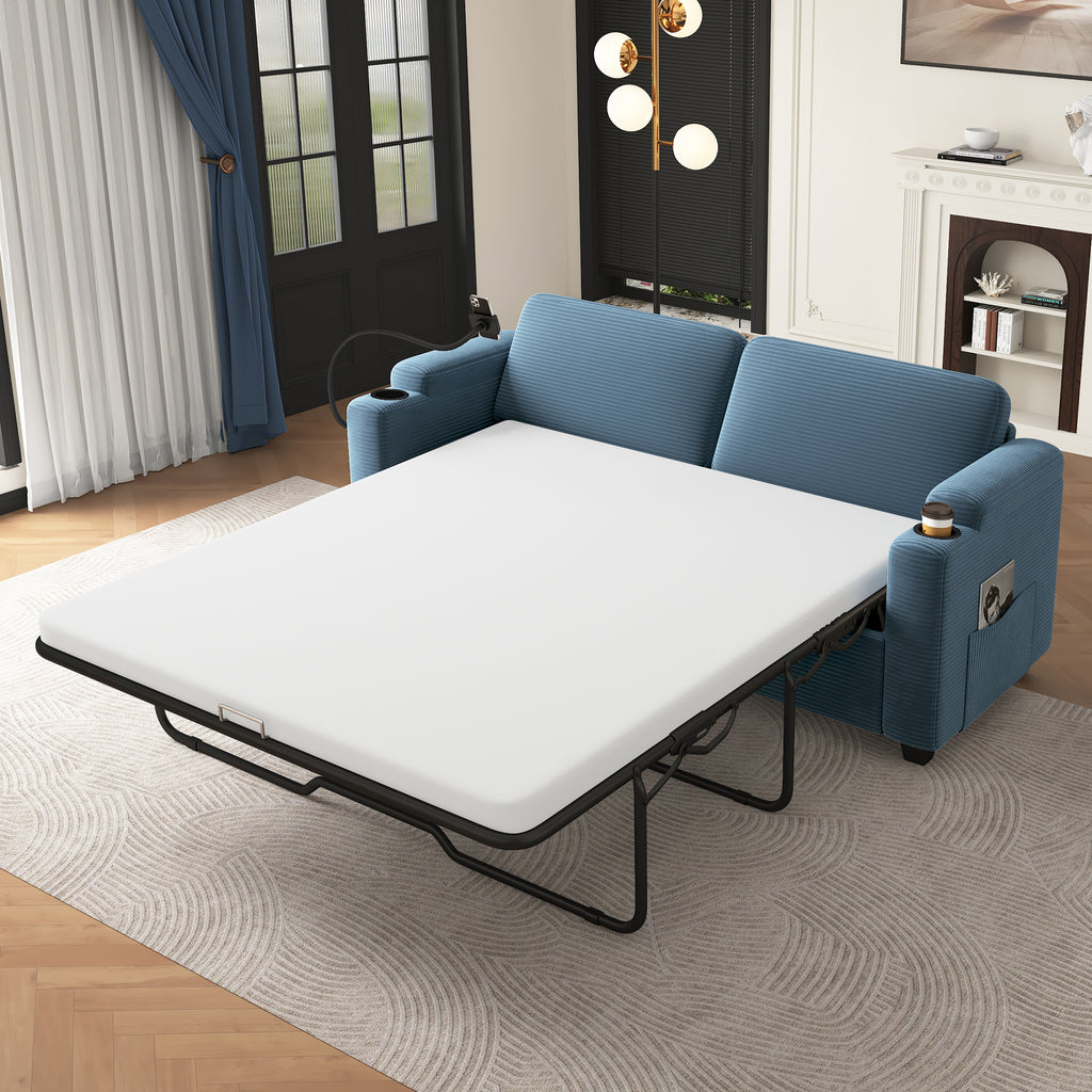 Navy Blue Corduroy Sleeper Sofa Loveseat with Full Size Mattress, USB Ports, Cup Holders, Side Pockets and Phone Holder - Grand Goldman Shop
