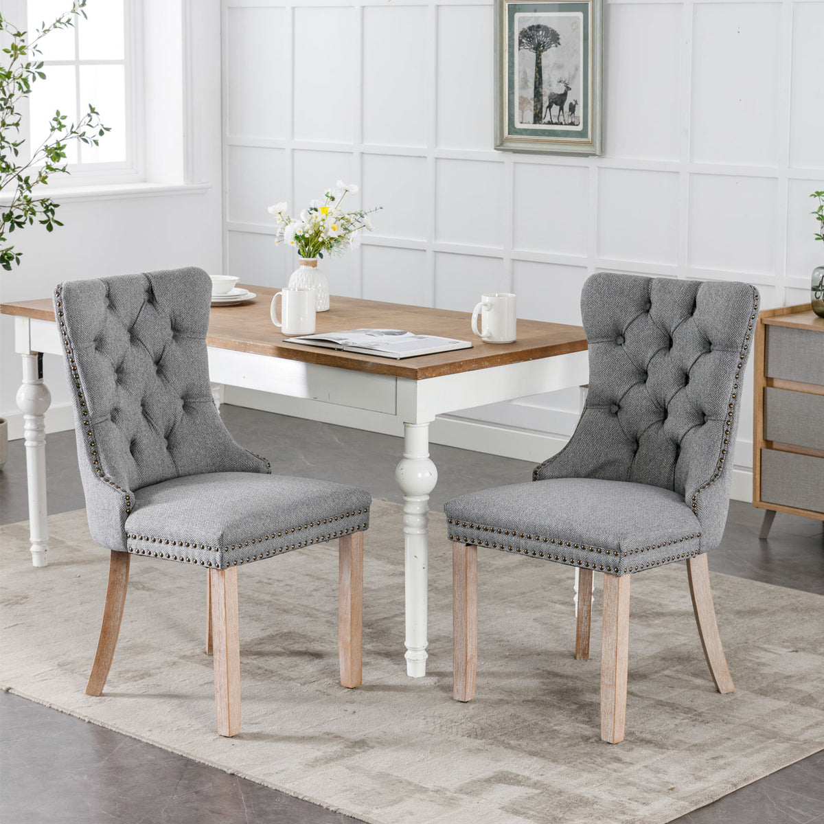Nikki Collection Modern, High-end Tufted Solid Wood Contemporary Flax Upholstered Linen Dining Chair with Wood Legs Nailhead Trim 2-Pcs Set,Gray, SW6801GY - Grand Goldman Shop