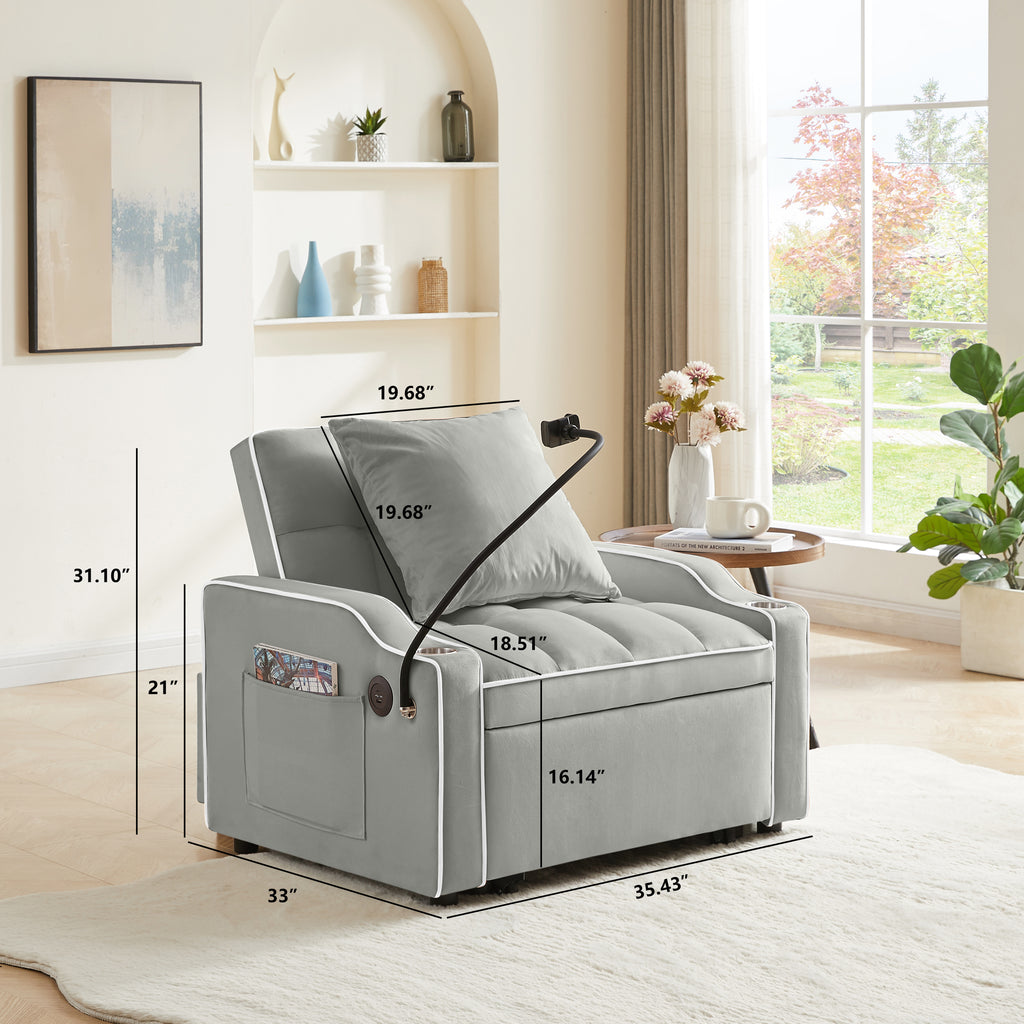 3-in-1 Sofa Bed, Convertible Sleeper Chair Sofa Bed Adjustable Pull Out Sleeper Chair Bed Multi-Pockets Folding Sofa Bed for Living Room Bedroom Small Space (Grey) - Grand Goldman Shop