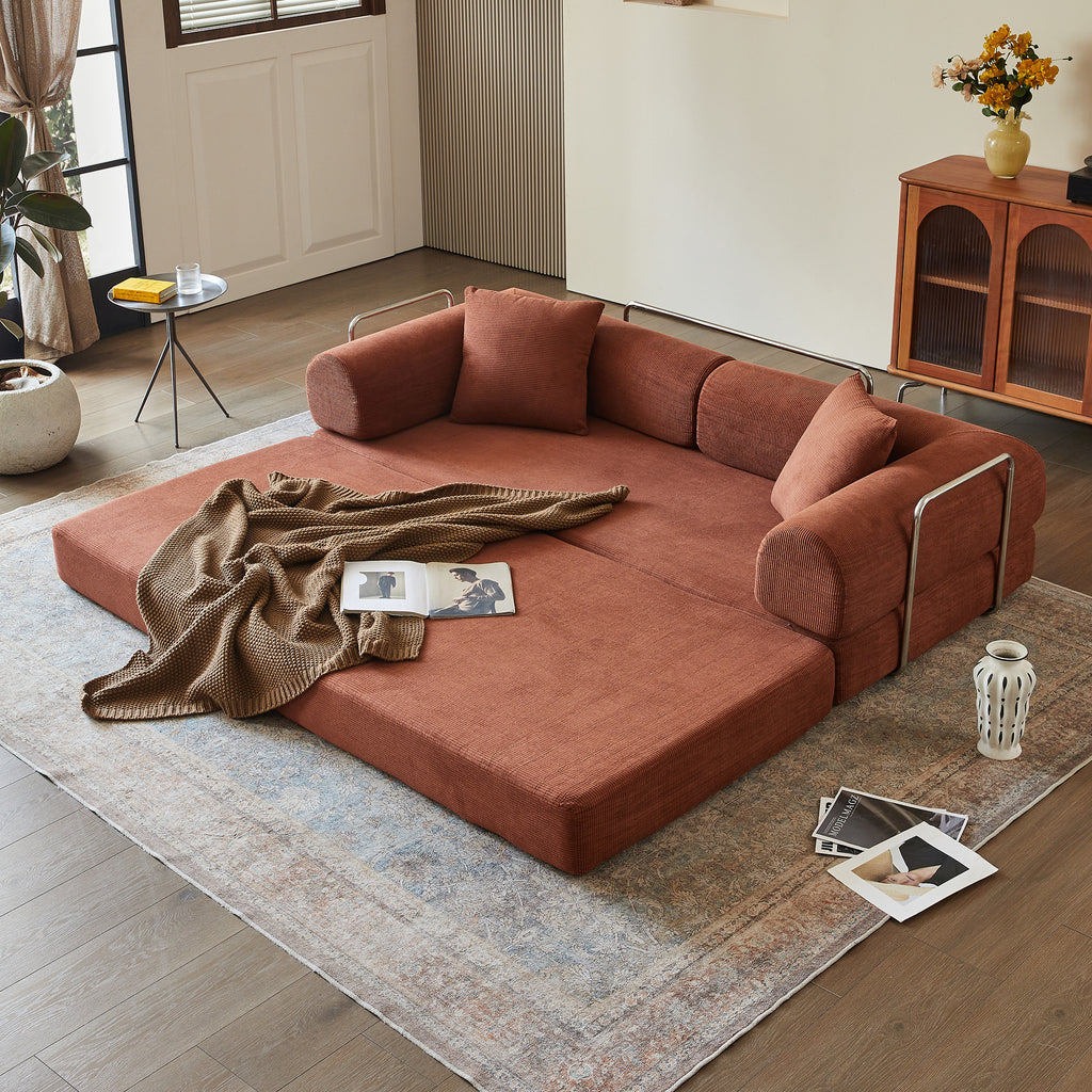 78.8' Compression Sofa,Convertible Floor Sofa Bed-with Pillow Back Support Armrest,Comfy Futon Couch Sleeper Bed,Loveseats Boneless Modular Sectional Sofa,Corduroy fabric,for Living Room,Bedroom,Brown - Grand Goldman Shop