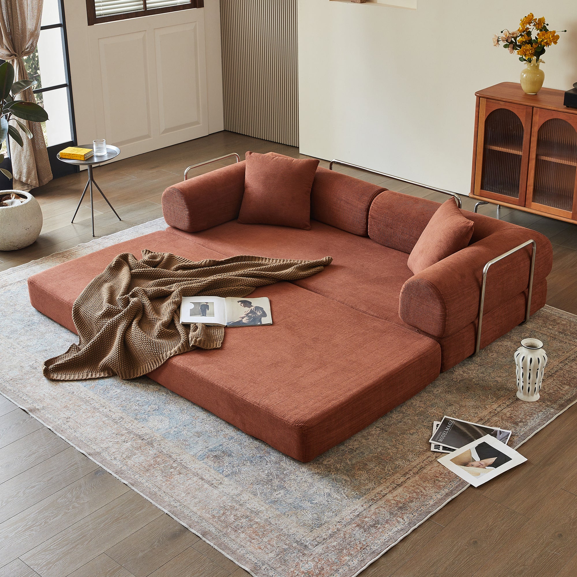 78.8' Compression Sofa,Convertible Floor Sofa Bed-with Pillow Back Support Armrest,Comfy Futon Couch Sleeper Bed,Loveseats Boneless Modular Sectional Sofa,Corduroy fabric,for Living Room,Bedroom,Brown - Grand Goldman Shop