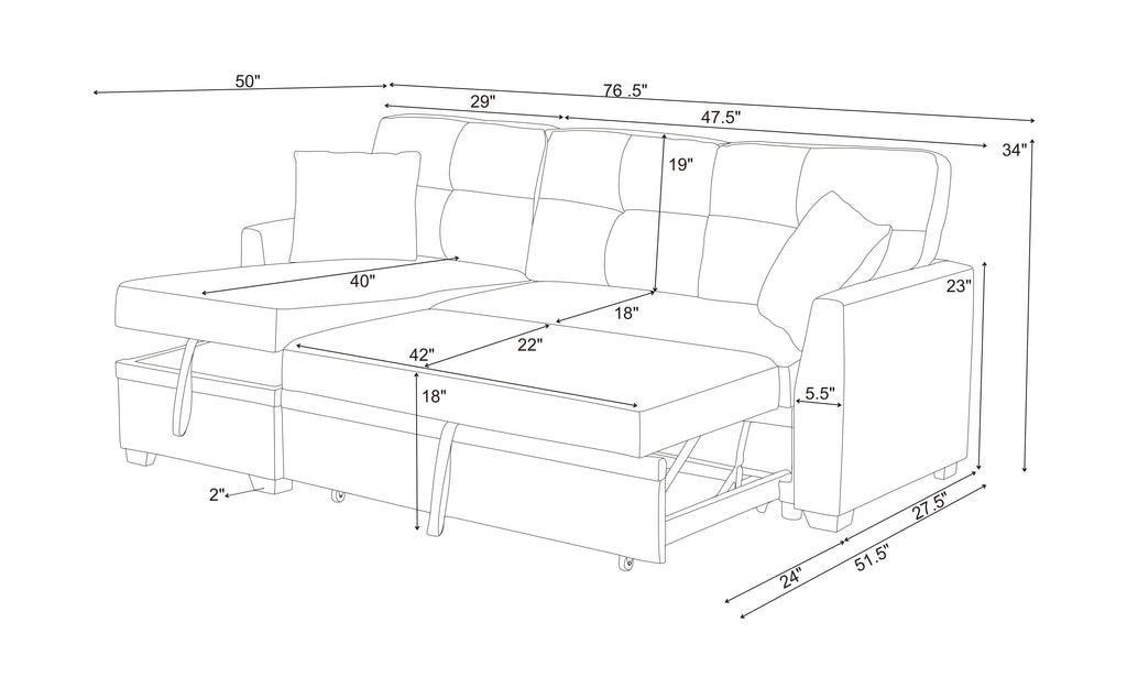 76.5' Linen Blend Upholstered Sectional with Pull-Out Bed and Chaise Storage - Grand Goldman Shop