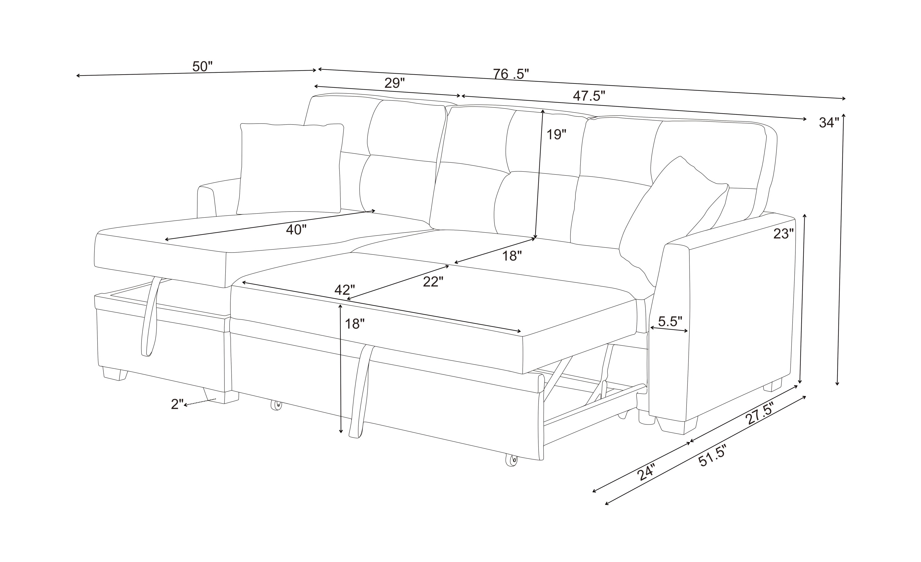 76.5' Linen Blend Upholstered Sectional with Pull-Out Bed and Chaise Storage - Grand Goldman Shop