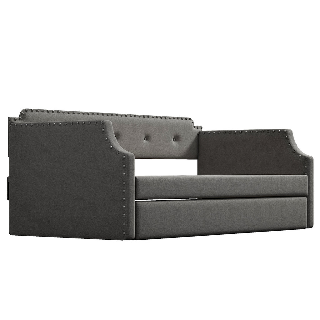 Gray Upholstered Daybed with Trundle, Twin, Wood Slat Support, Linen Fabric Frame Sofa Bed - Grand Goldman Shop