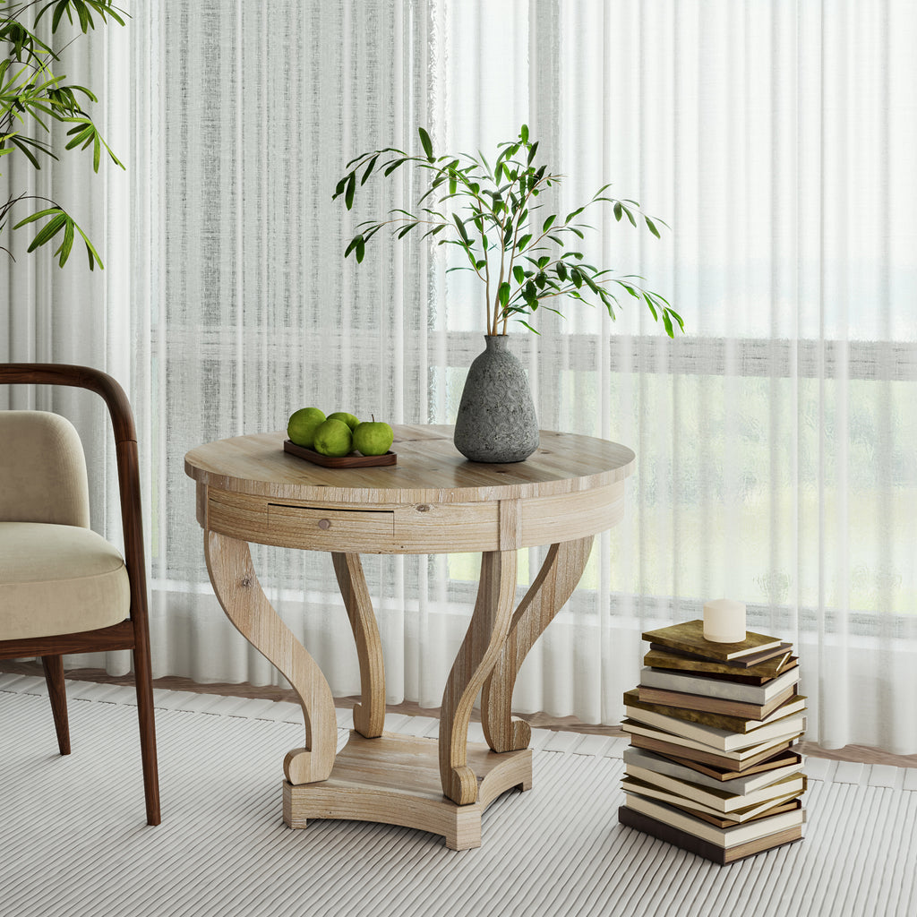 Farmhouse Style Round Dining Table with Curved Legs in Natural Wood Grain, Small Size, Distressed Finish - Grand Goldman Shop