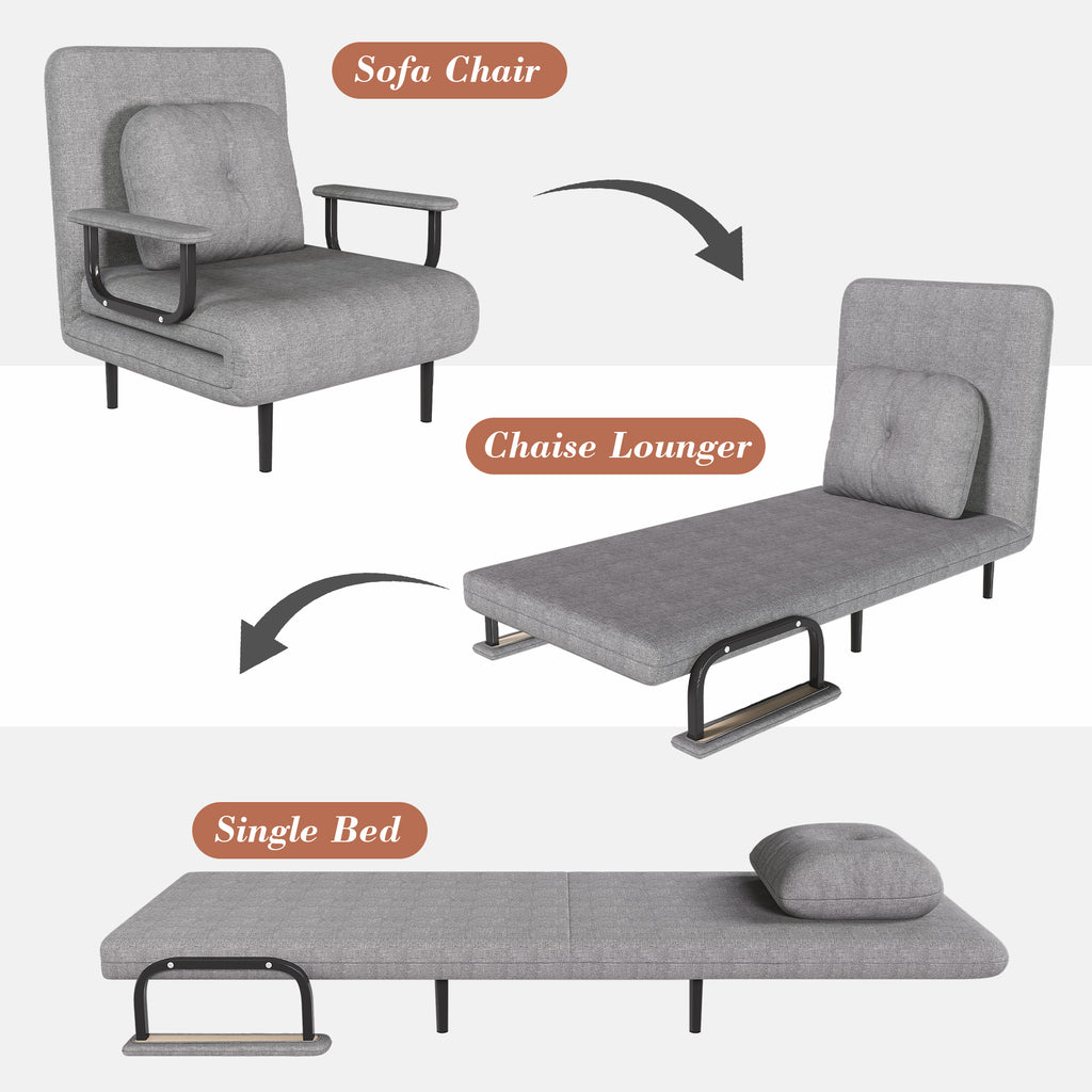 Folding Sofa Bed 5-in-1 Convertible Chair with Adjustable Backrest and Pillow, Grey Flannelette, Compact Design - Grand Goldman Shop