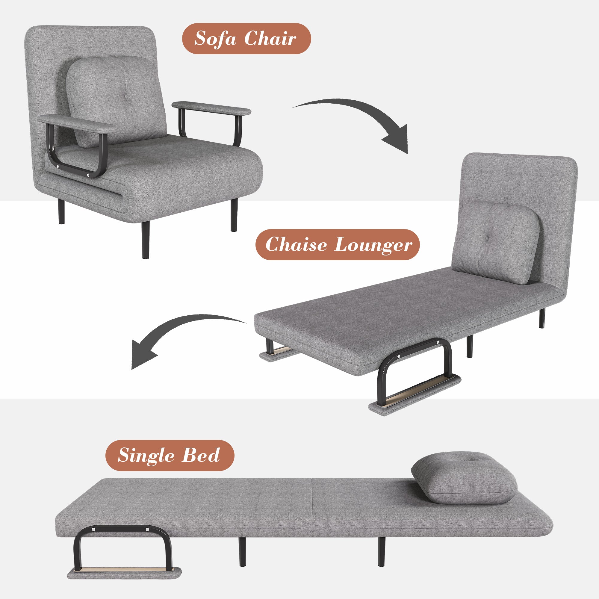 Folding Sofa Bed 5-in-1 Convertible Chair with Adjustable Backrest and Pillow, Grey Flannelette, Compact Design - Grand Goldman Shop