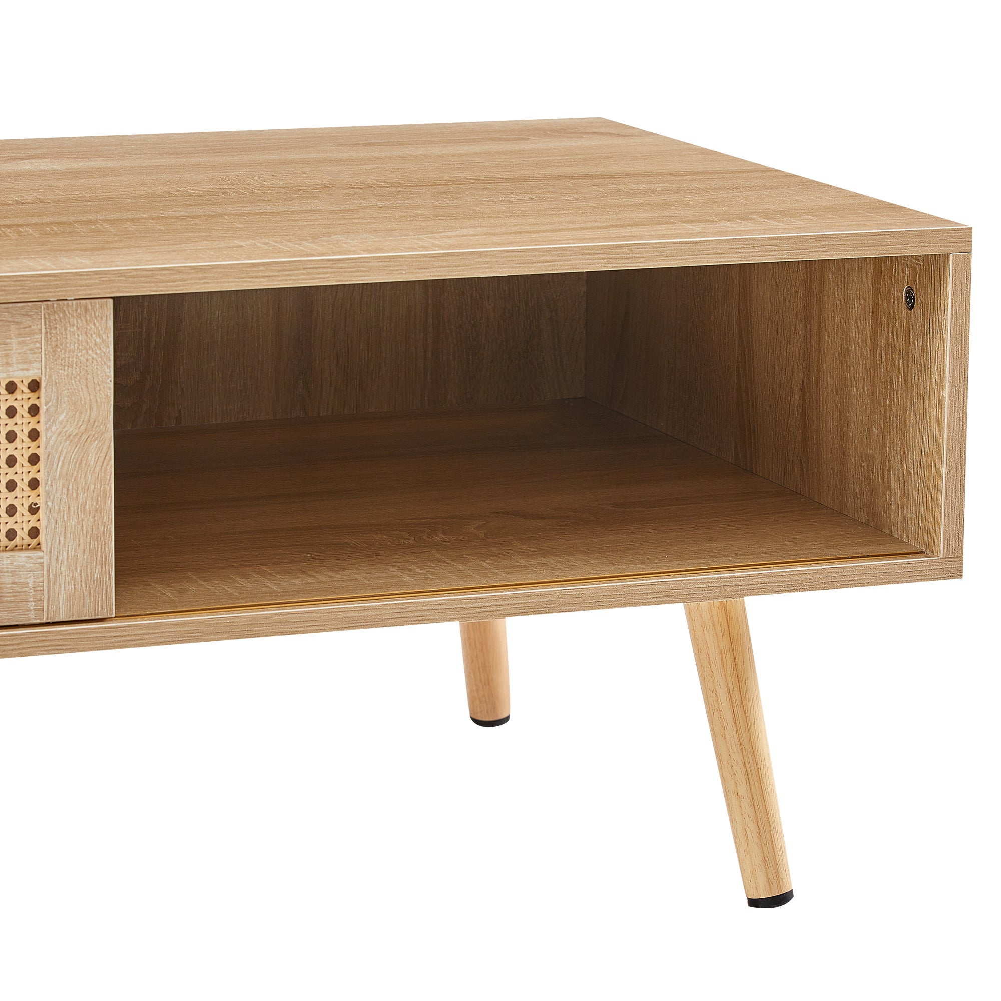 41.34' Rattan Coffee Table, Sliding Door for Storage, Solid Wood Legs, Modern Table for Living Room-Natural - Grand Goldman Shop
