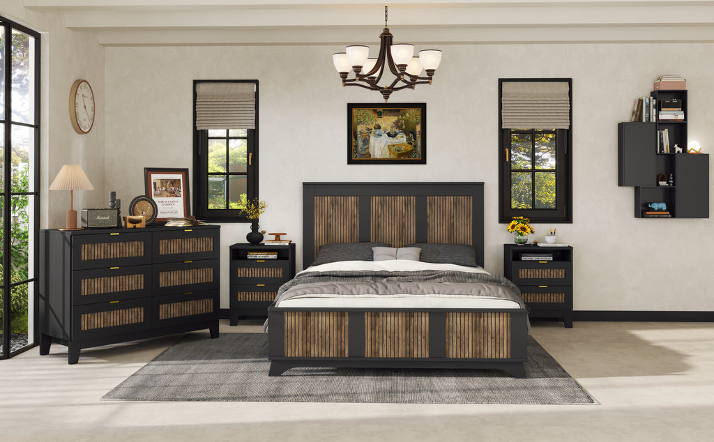 4-Pieces Bedroom Sets, Queen Size Farmhouse Platform Bed with Wooden Strip Stickers Decoration, Storage Nightstand and Dresser with Metal Handle, Black(Old SKU: HL000191AAB) - Grand Goldman Shop
