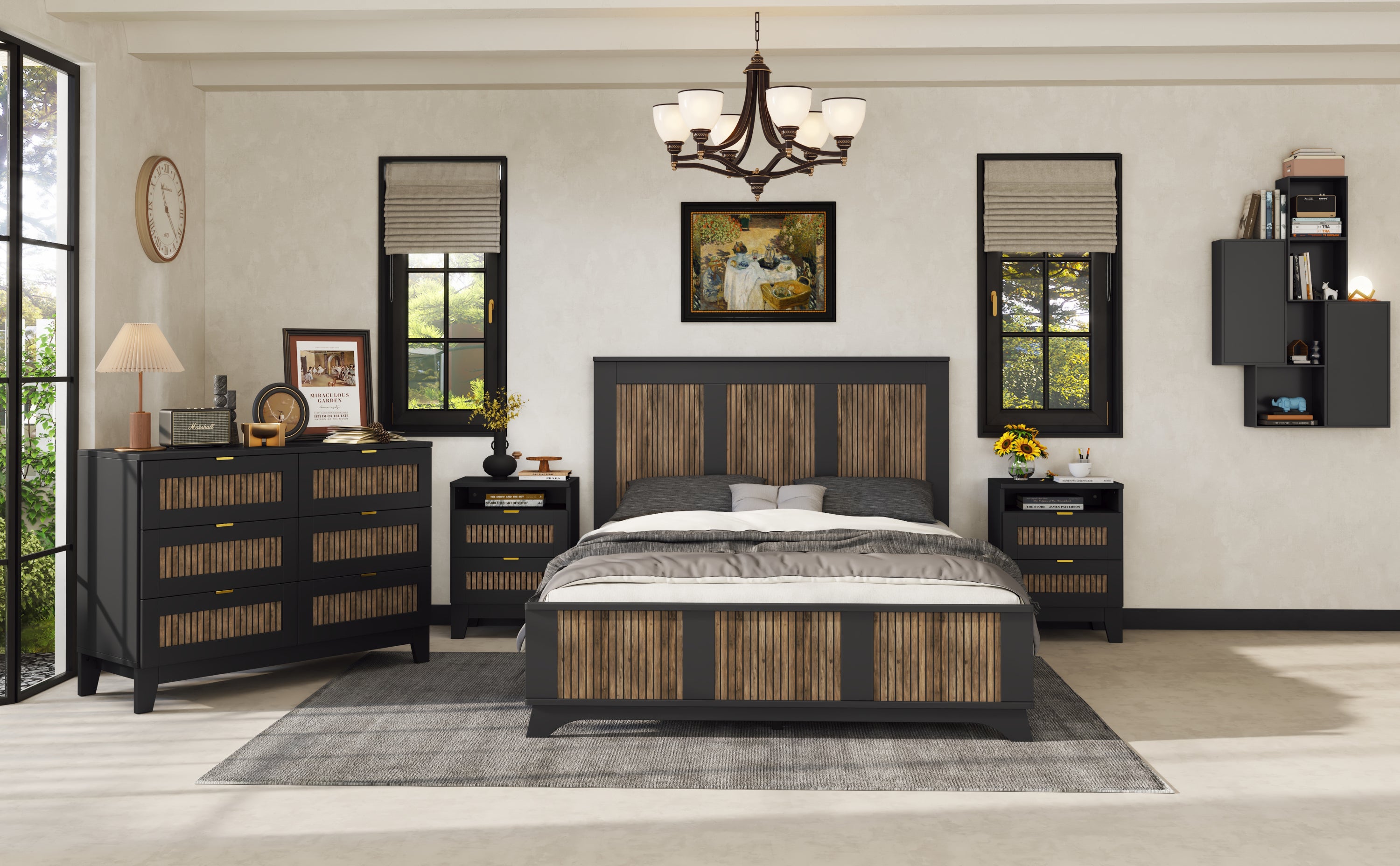 4-Pieces Bedroom Sets, Queen Size Farmhouse Platform Bed with Wooden Strip Stickers Decoration, Storage Nightstand and Dresser with Metal Handle, Black(Old SKU: HL000191AAB) - Grand Goldman Shop