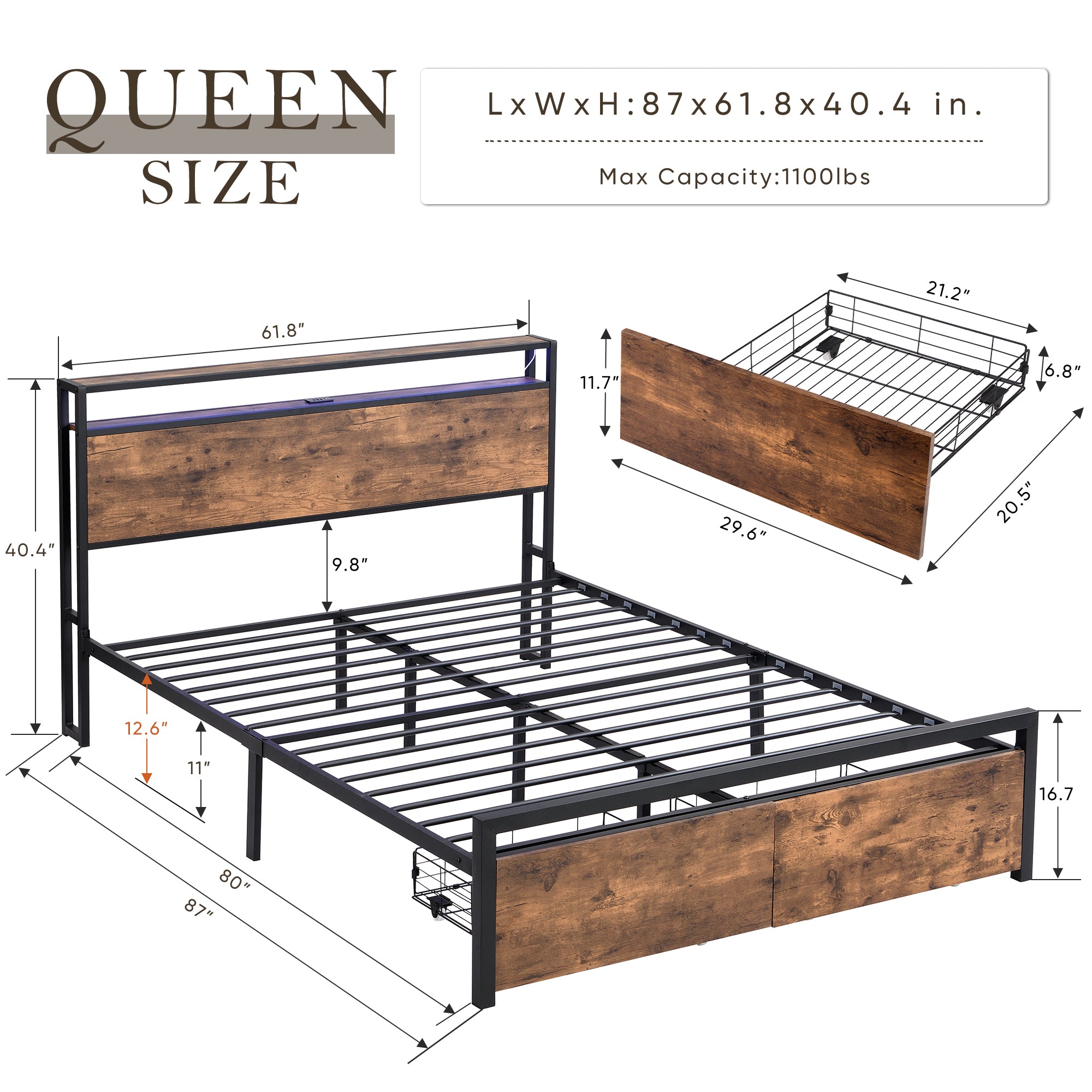 Queen Size Bed Frame with Storage Headboard and 2 Drawers, LED Lights Bed with Charging Station, Metal Platform Bed No Noise, Mattress Foundation Strong Metal Slats Support No Box Spring Needed - Grand Goldman Shop
