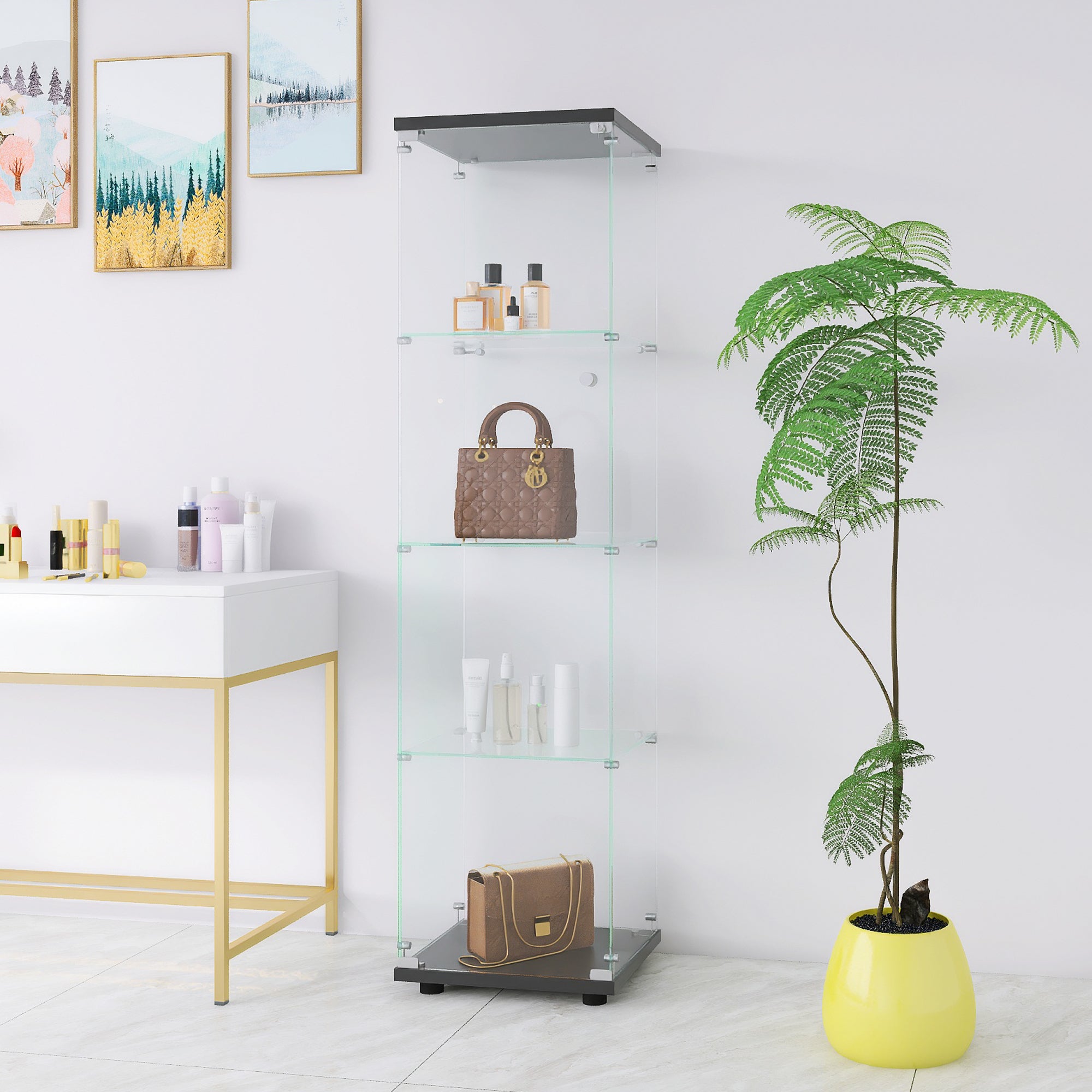 Glass Display Cabinet 4 Shelves with Door, Floor Standing Curio Bookshelf for Living Room Bedroom Office, 64.7'*16.7'*14.3', 